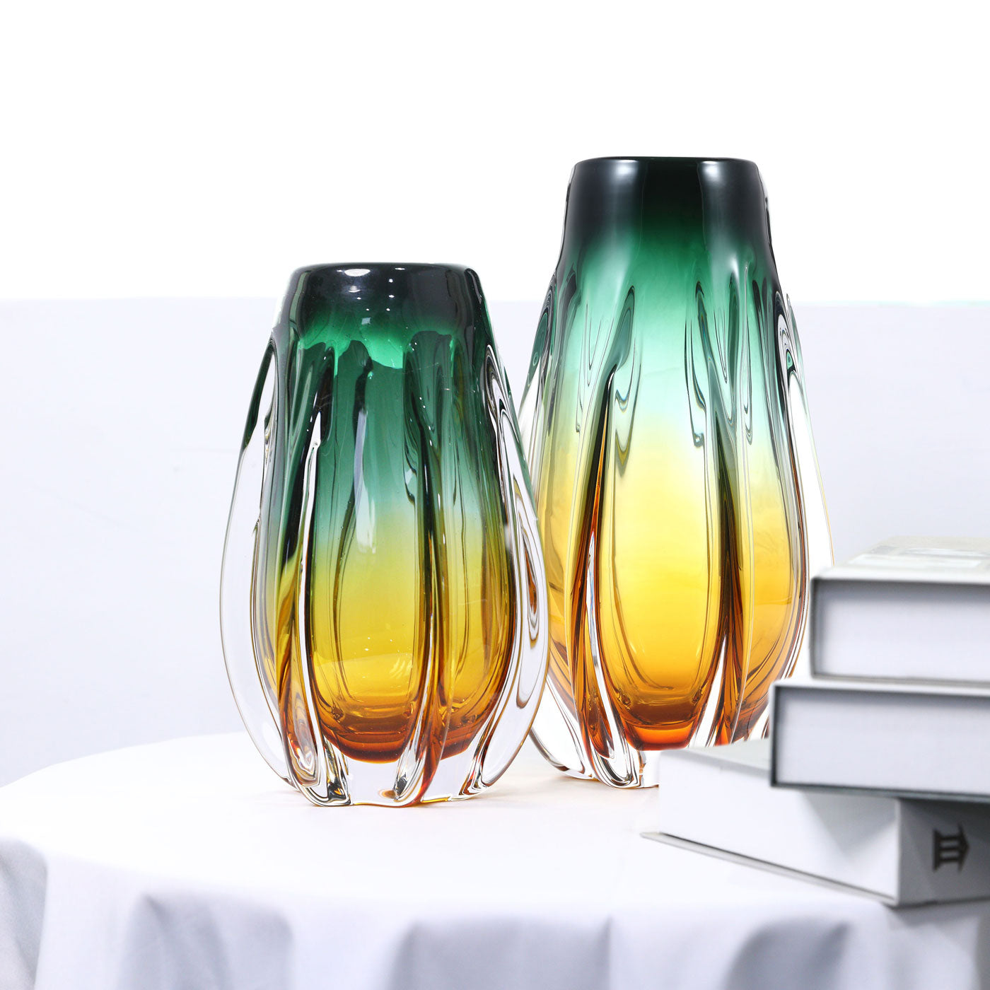 Hand Blown Laine Art Glass Vase - Gold & Green Ombre 10-12.5 inch tall