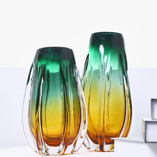 Hand Blown Laine Art Glass Vase - Gold & Green Ombre 10-12.5 inch tall