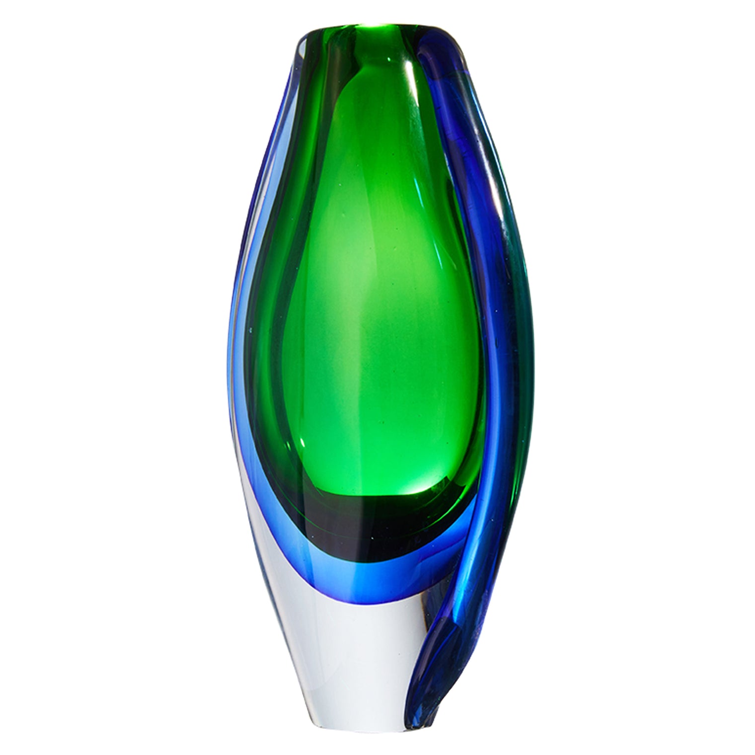 Hand Blown Sommerso Oval Art Glass Vase Emerald 8.5-10 inch tall