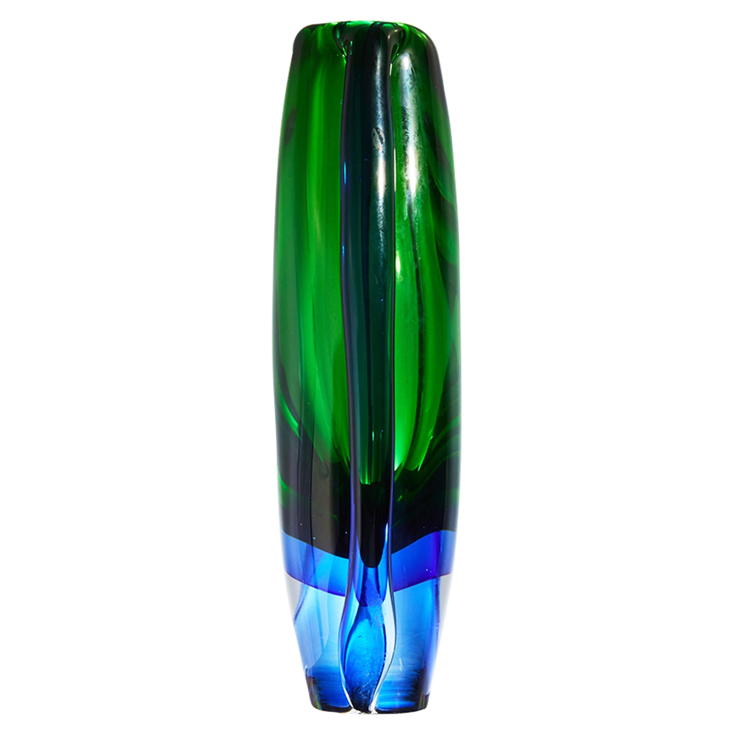 Hand Blown Sommerso Oval Art Glass Vase Emerald 8.5-10 inch tall