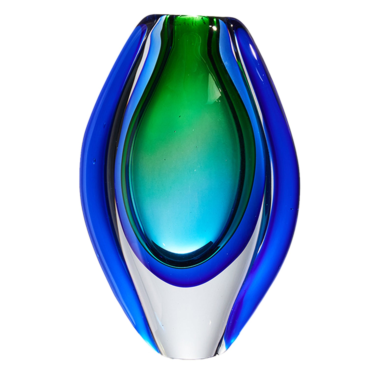 Hand Blown Sommerso Oval Art Glass Vase Emerald 8.5-10 inch tall