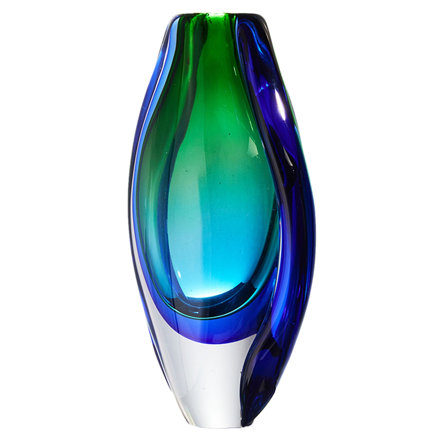 Hand Blown Sommerso Oval Art Glass Vase Emerald 8.5-10 inch tall