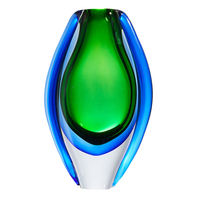 Hand Blown Sommerso Oval Art Glass Vase Emerald 8.5-10 inch tall