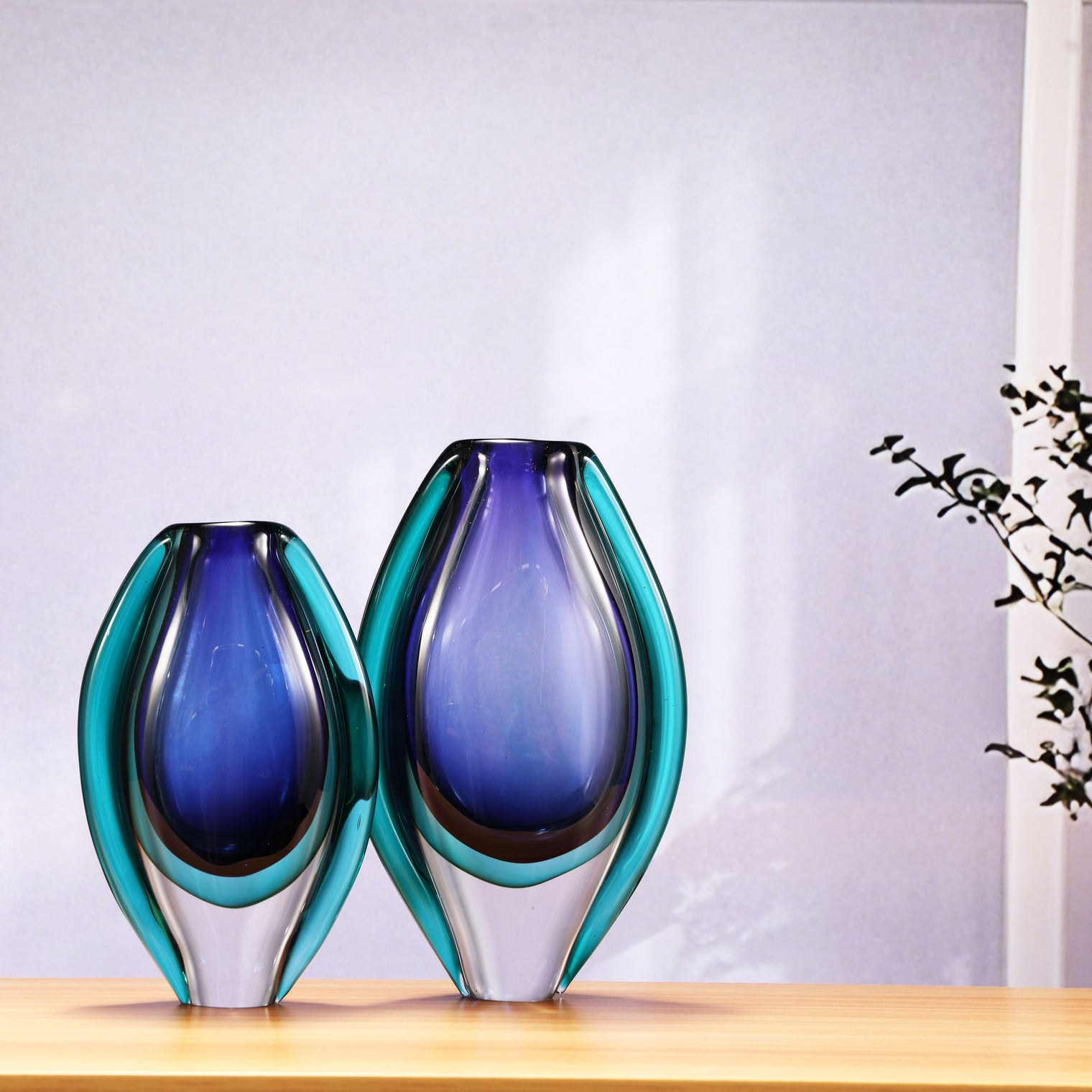 Hand Blown Sommerso Oval Art Glass Vase London Blue 8.5-10 inch tall
