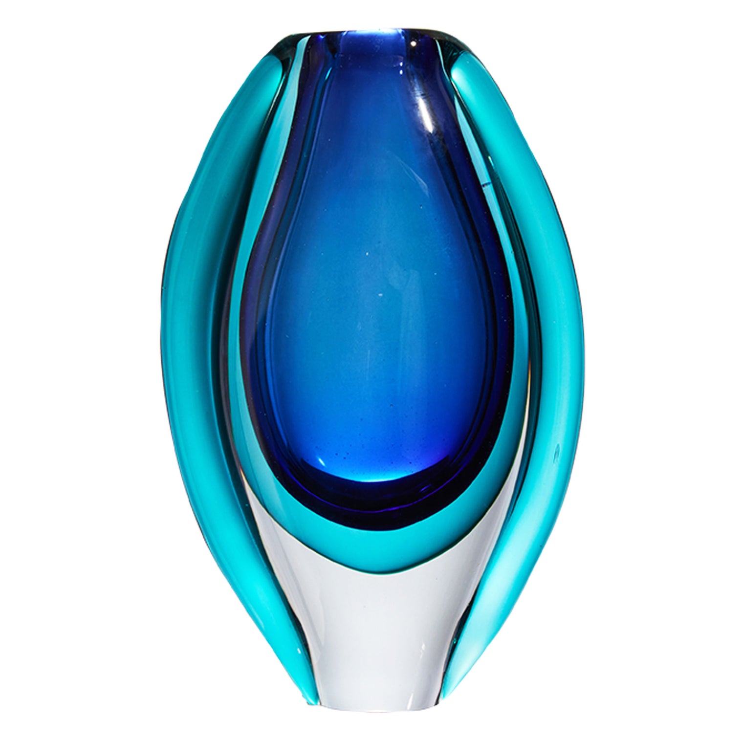 Hand Blown Sommerso Oval Art Glass Vase London Blue 8.5-10 inch tall