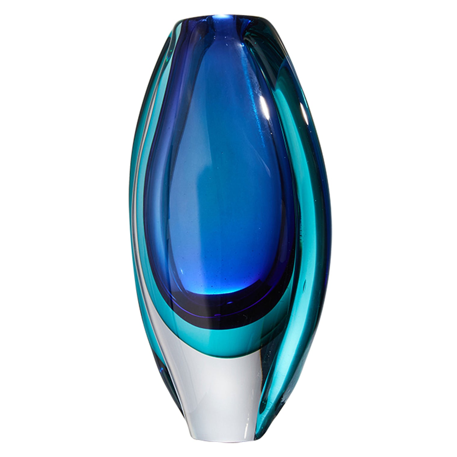 Hand Blown Sommerso Oval Art Glass Vase London Blue 8.5-10 inch tall