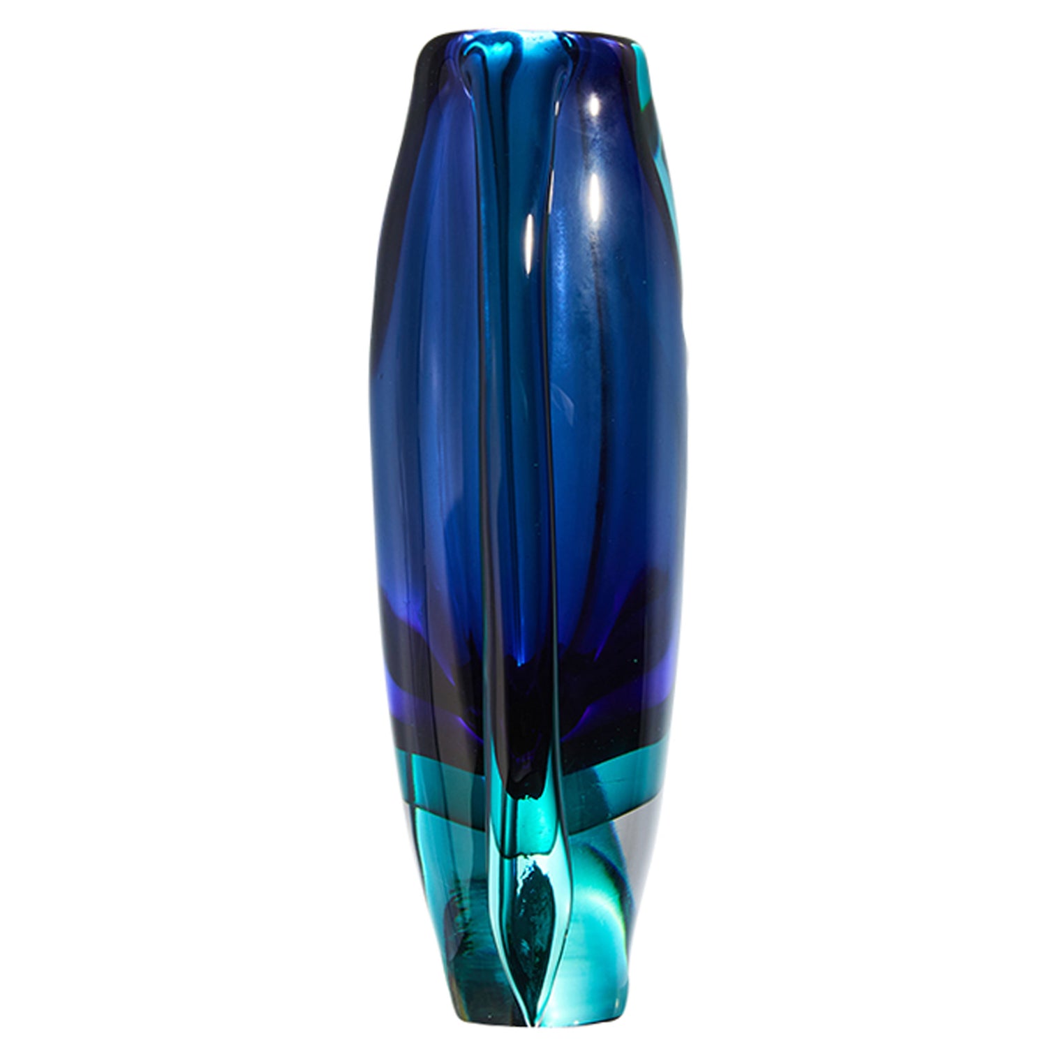 Hand Blown Sommerso Oval Art Glass Vase London Blue 8.5-10 inch tall