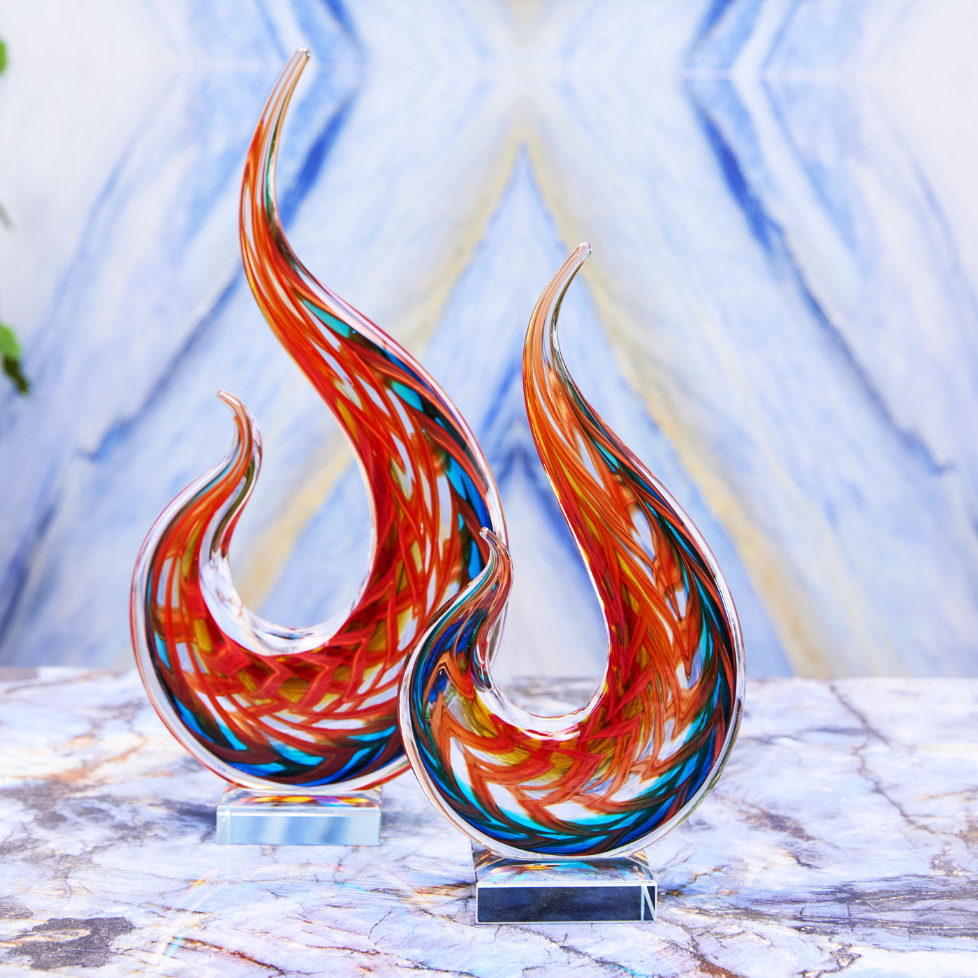 Hand Blown Flame Sommerso Art Glass Sculpture 12 inch tall