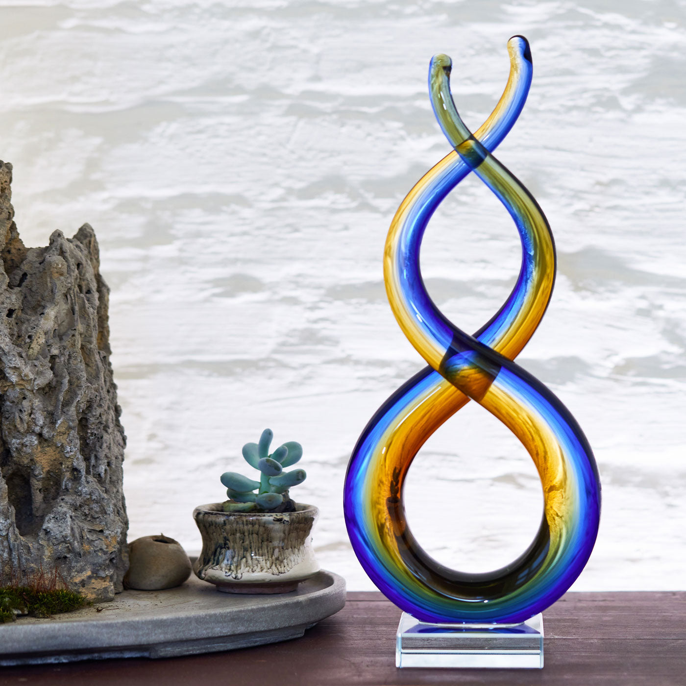 Hand Blown Wave Sommerso Art Glass Sculpture 14.5 inch tall