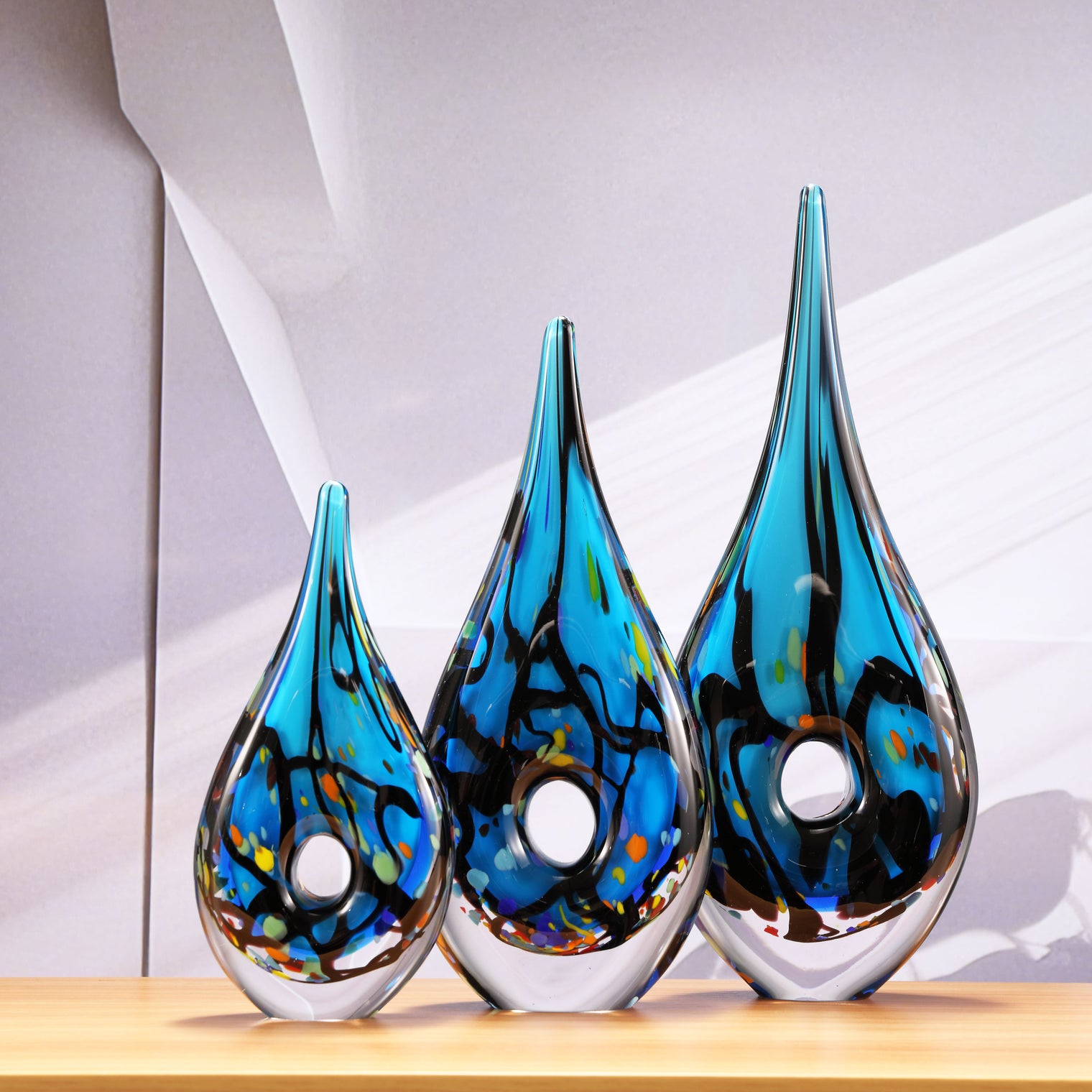 Luxury Lane Hand Blown Abstract Hollow Blue Tear Drop Sommerso Art Glass Sculpture