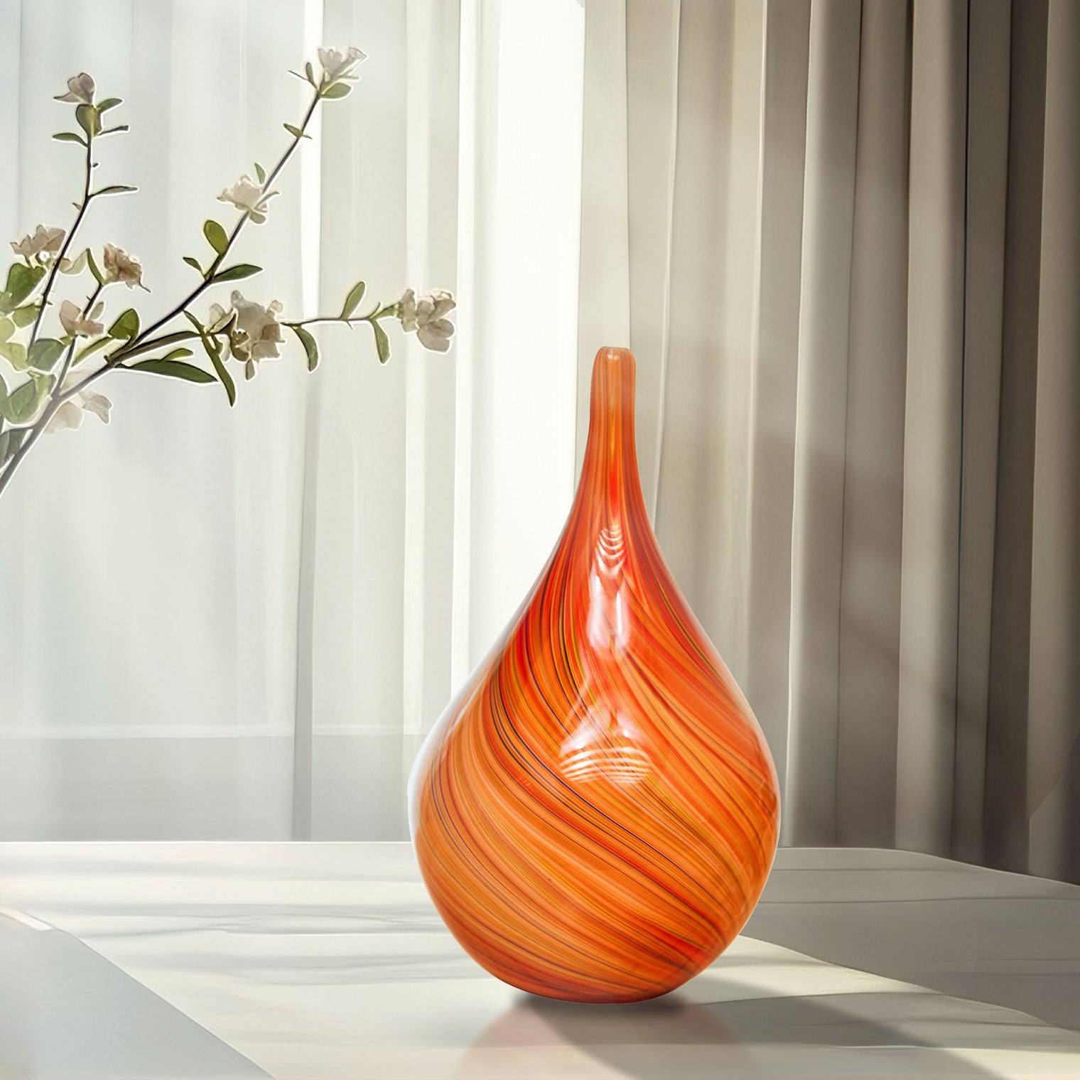 Hand Blown Red Orange Abstract Art Glass Cane Sculpture