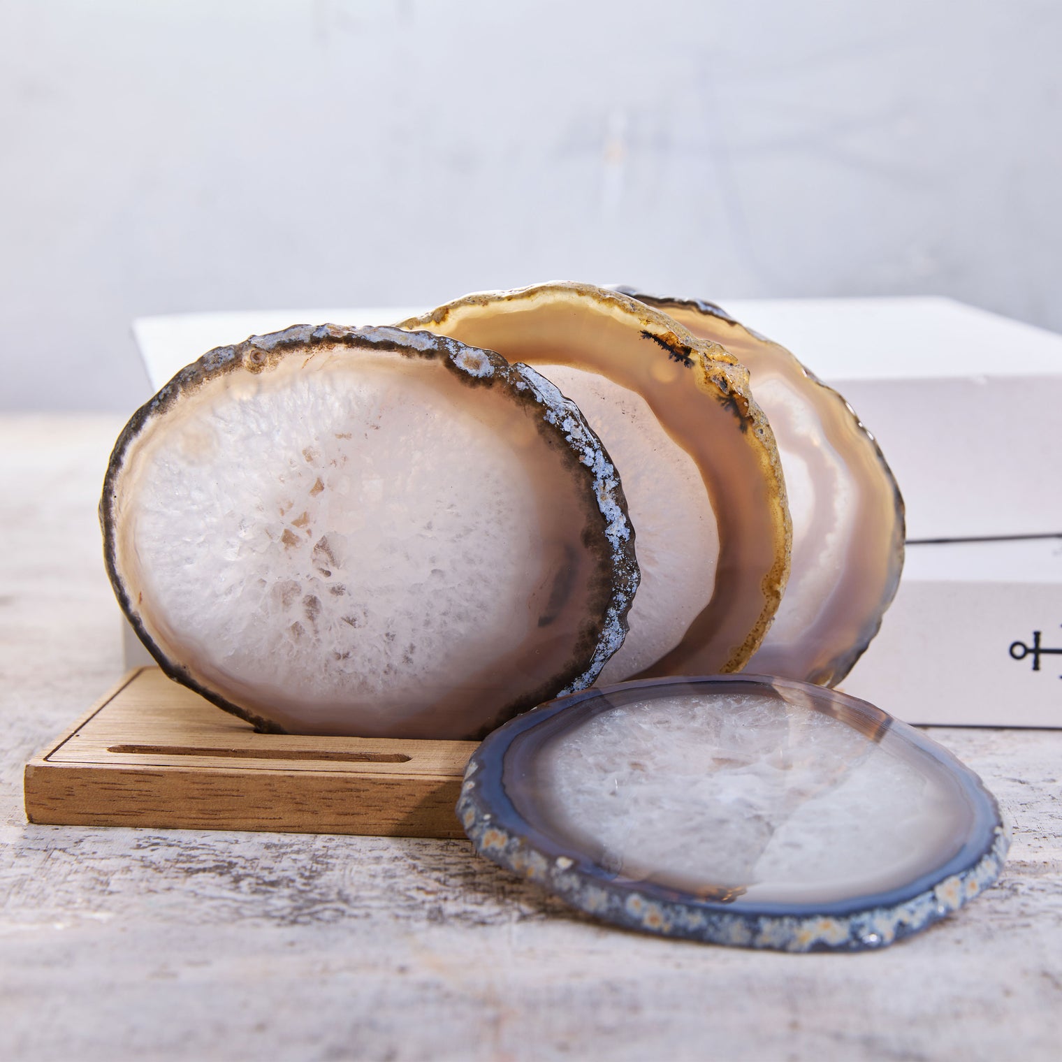 Set of 4 Natural Brazilian Agate Drink Coasters with Wood Holder - Ash Gray