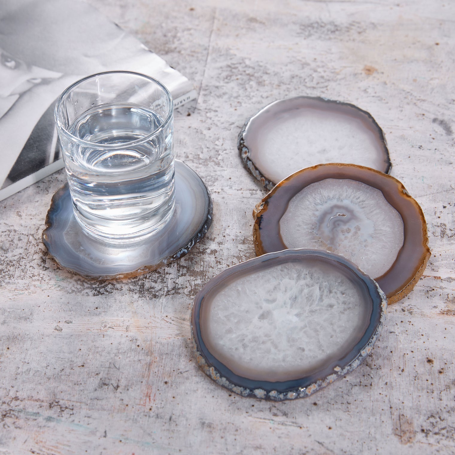 Set of 4 Natural Brazilian Agate Drink Coasters with Wood Holder - Ash Gray