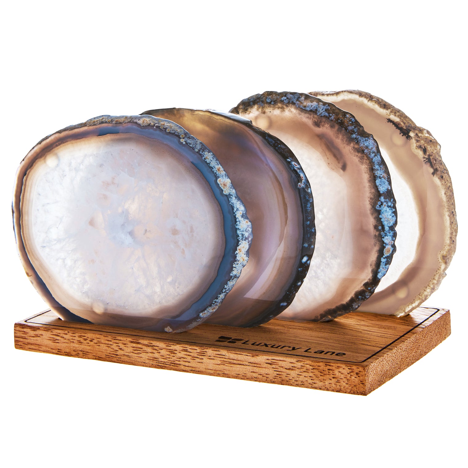 Set of 4 Natural Brazilian Agate Drink Coasters with Wood Holder - Ash Gray