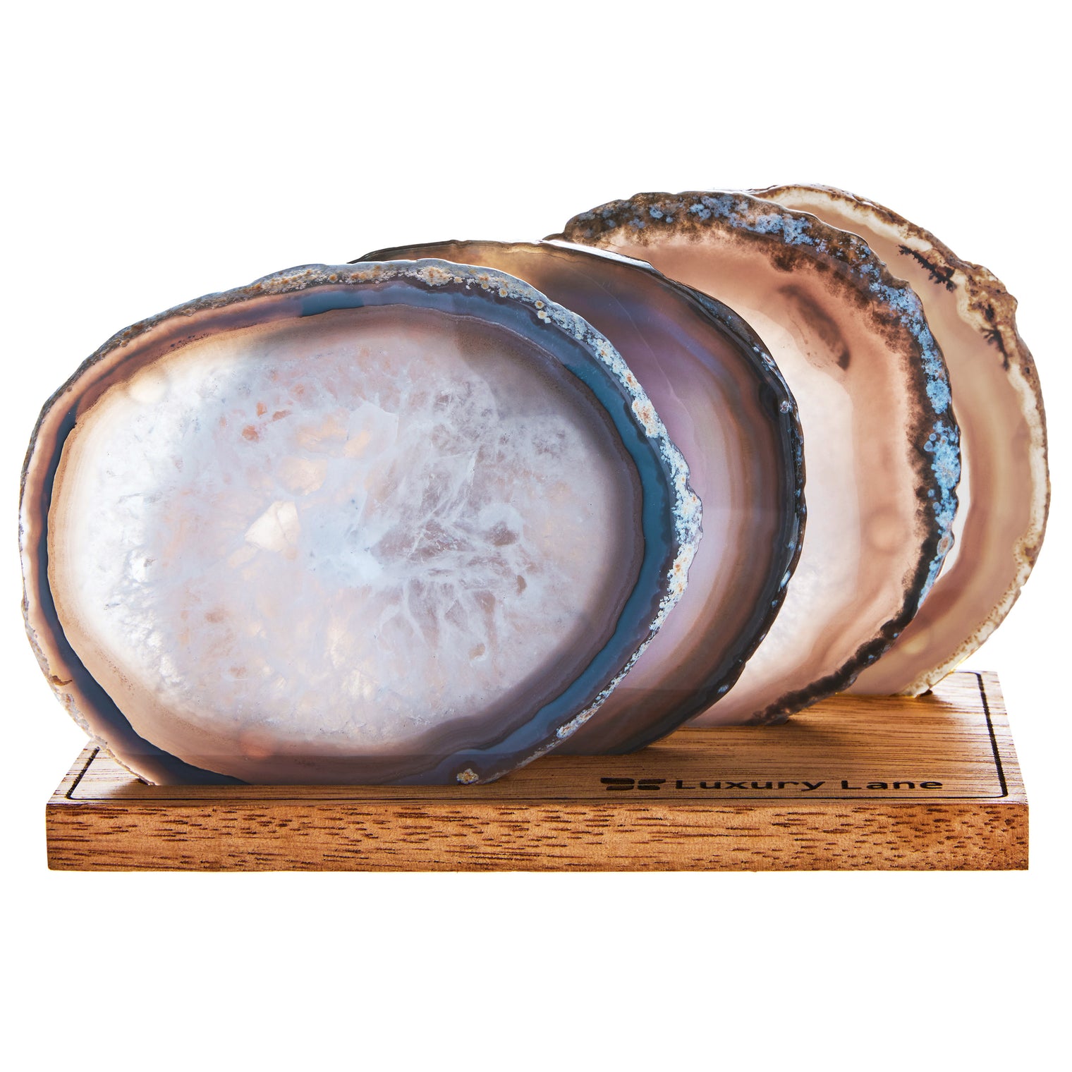 Set of 4 Natural Brazilian Agate Drink Coasters with Wood Holder - Ash Gray