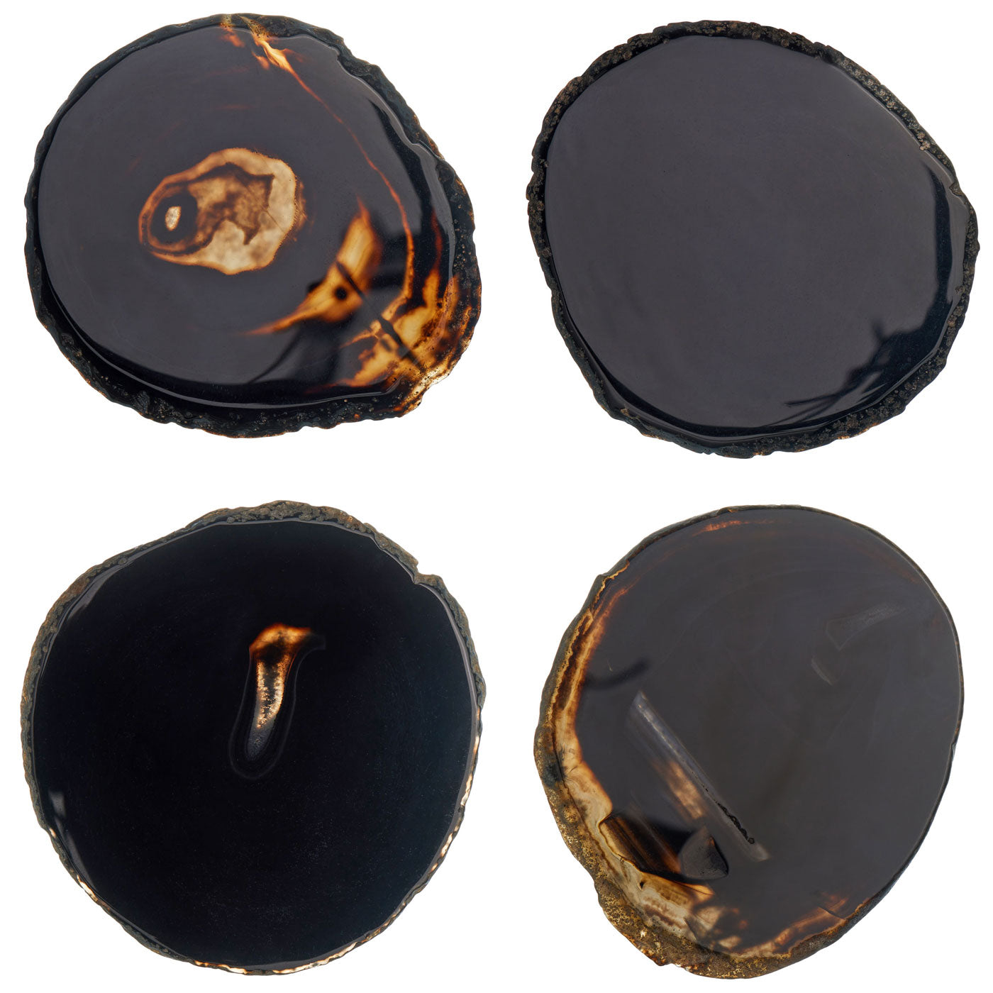 Set of 4 Natural Brazilian Agate Drink Coasters with Wood Holder - Black