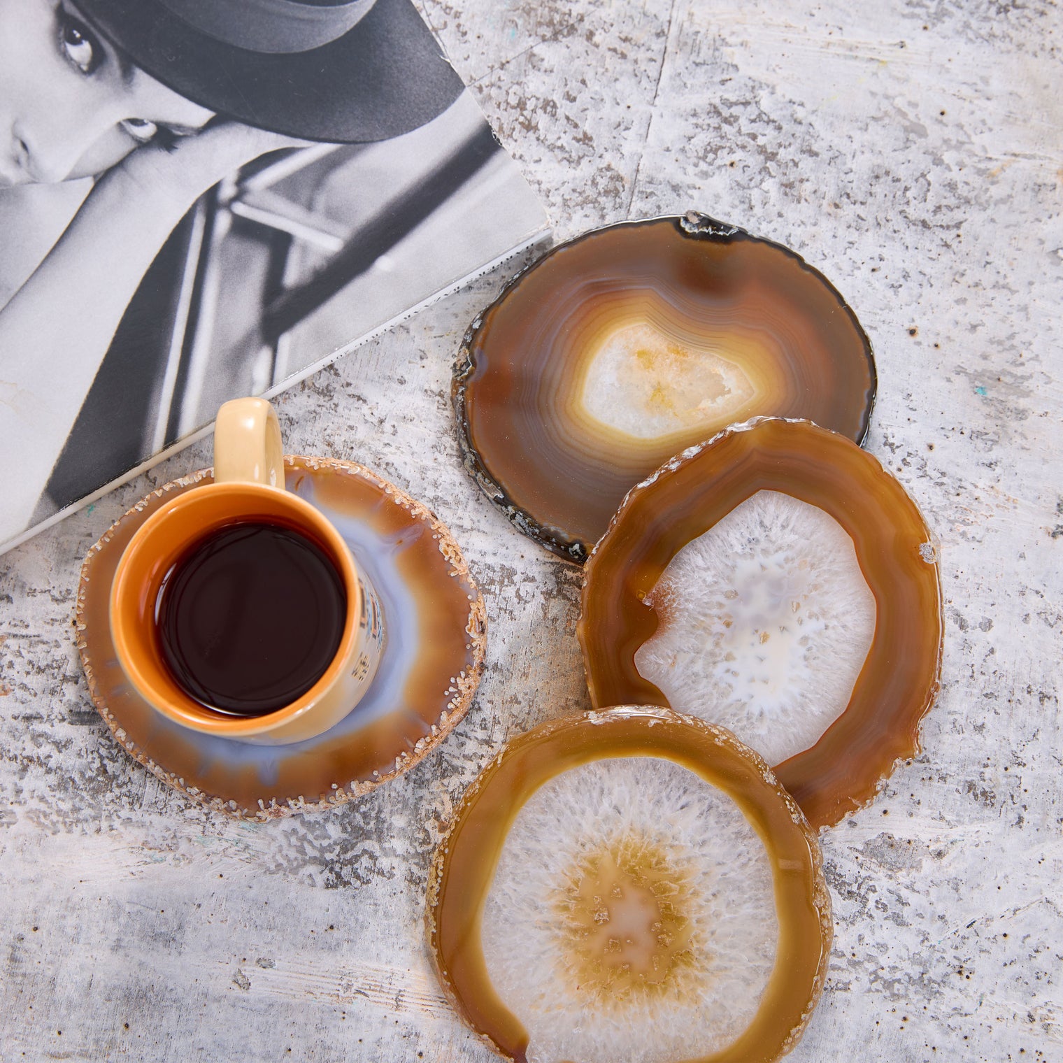 Set of 4 Natural Brazilian Agate Drink Coasters with Wood Holder - Oak
