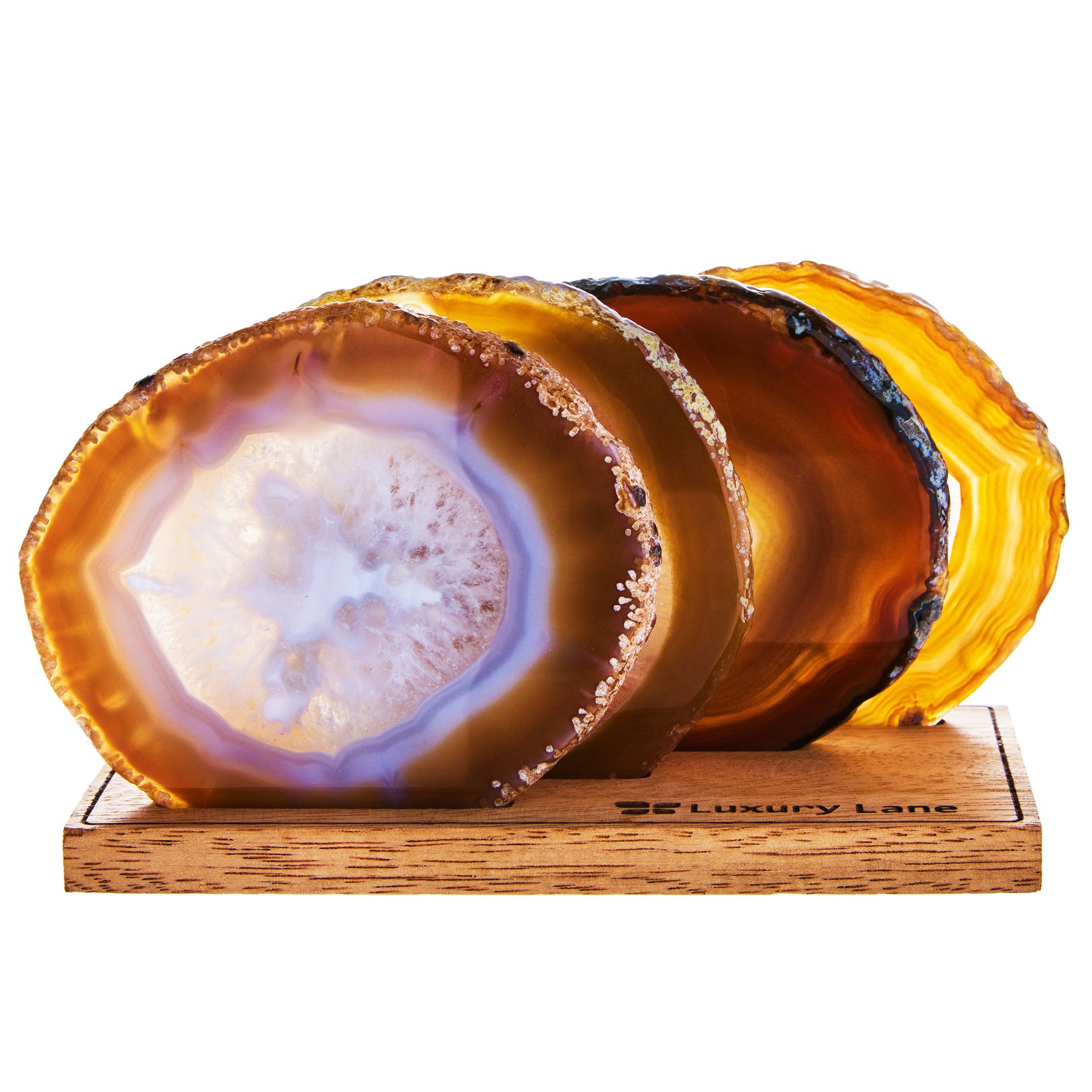 Set of 4 Natural Brazilian Agate Drink Coasters with Wood Holder - Oak