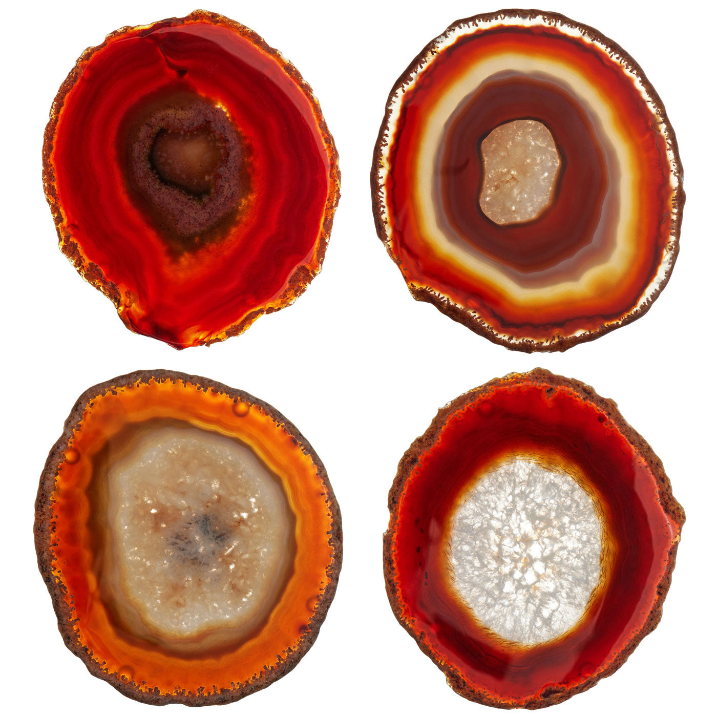 Set of 4 Natural Brazilian Agate Drink Coasters with Wood Holder - Red Amber