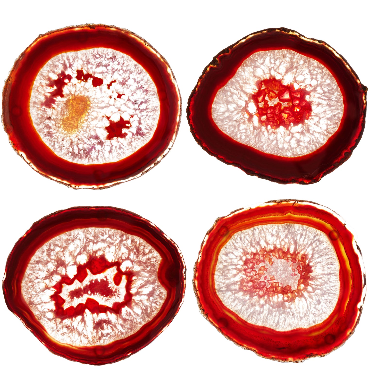 Set of 4 Natural Brazilian Agate Drink Coasters with Wood Holder - Red