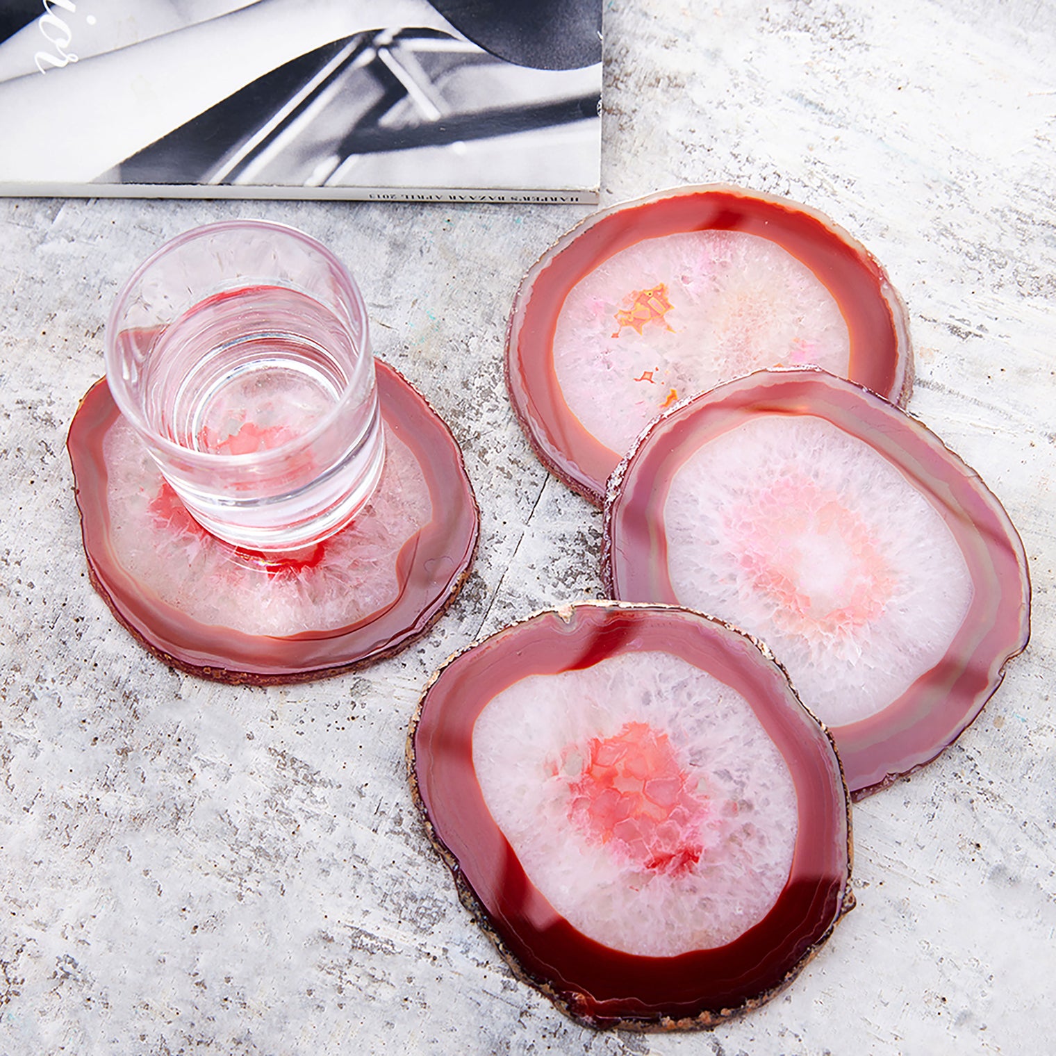 Set of 4 Natural Brazilian Agate Drink Coasters with Wood Holder - Red