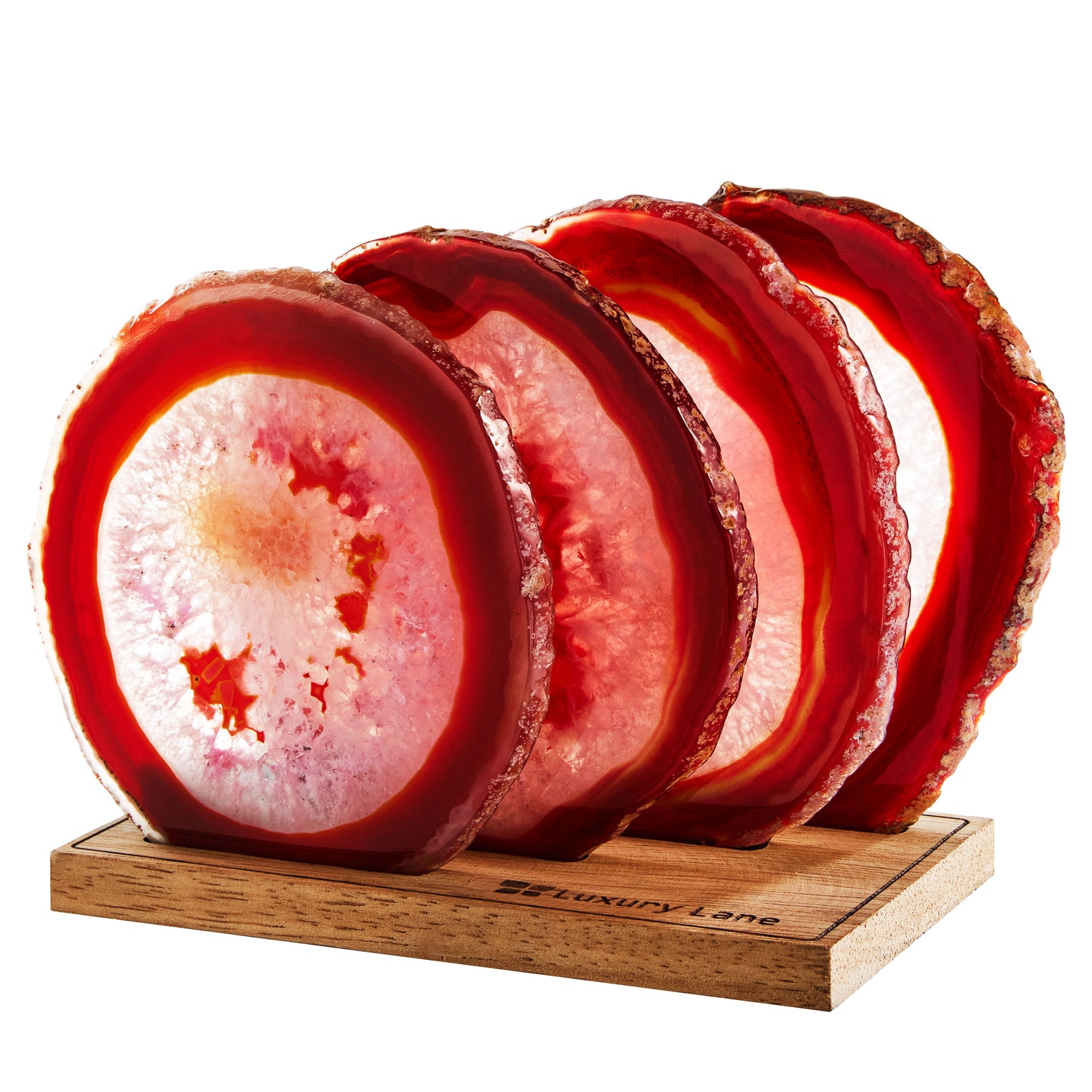 Set of 4 Natural Brazilian Agate Drink Coasters with Wood Holder - Red