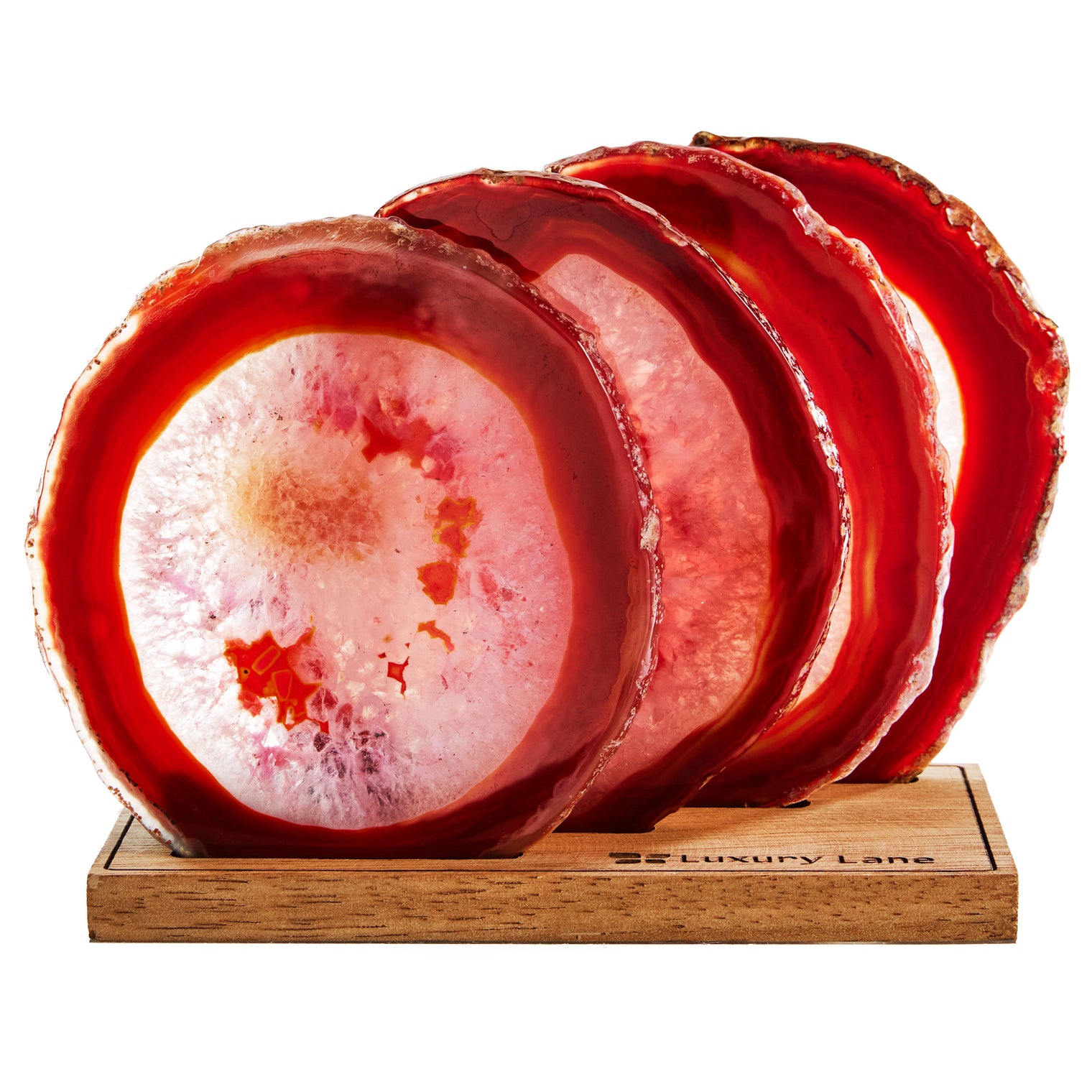 Set of 4 Natural Brazilian Agate Drink Coasters with Wood Holder - Red