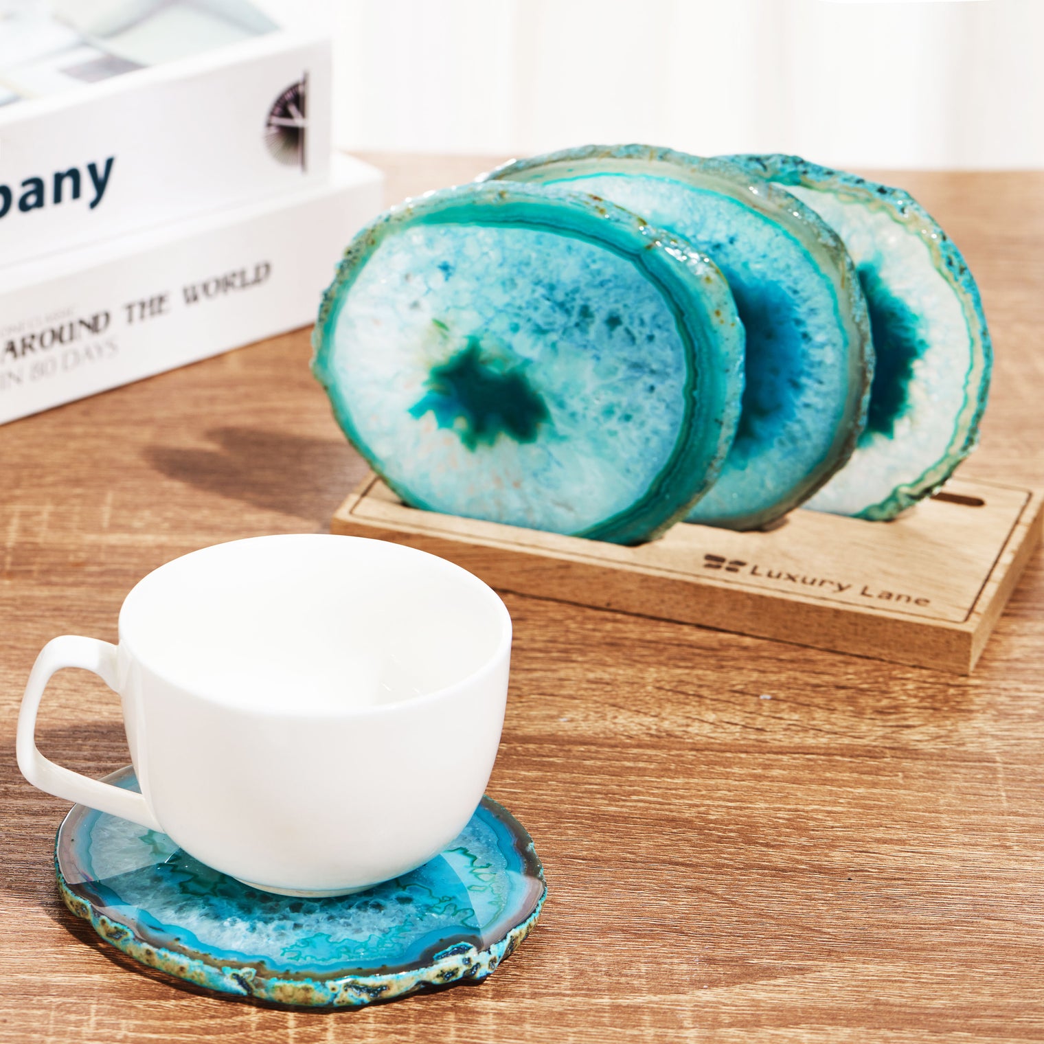 Set of 4 Natural Brazilian Agate Drink Coasters with Wood Holder - Teal
