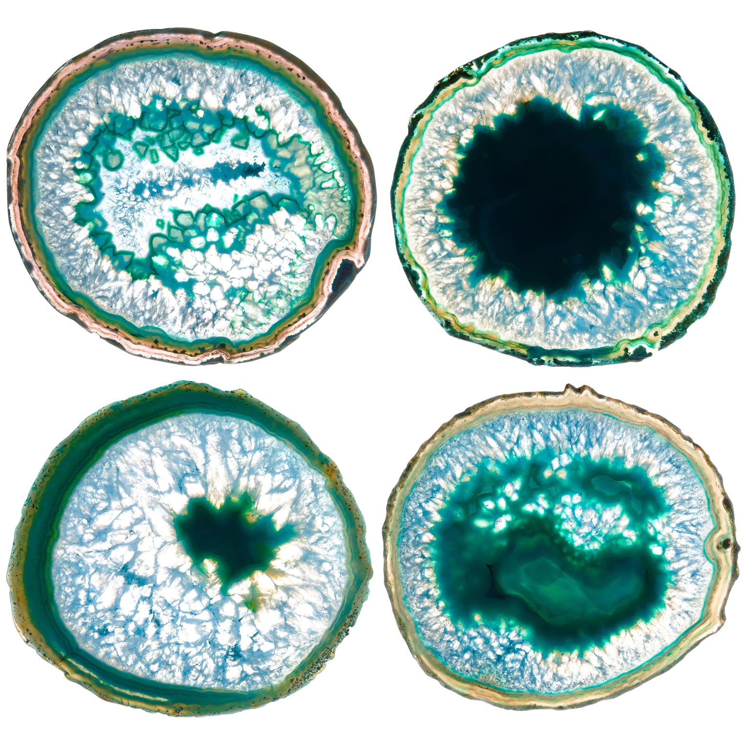 Set of 4 Natural Brazilian Agate Drink Coasters with Wood Holder - Teal