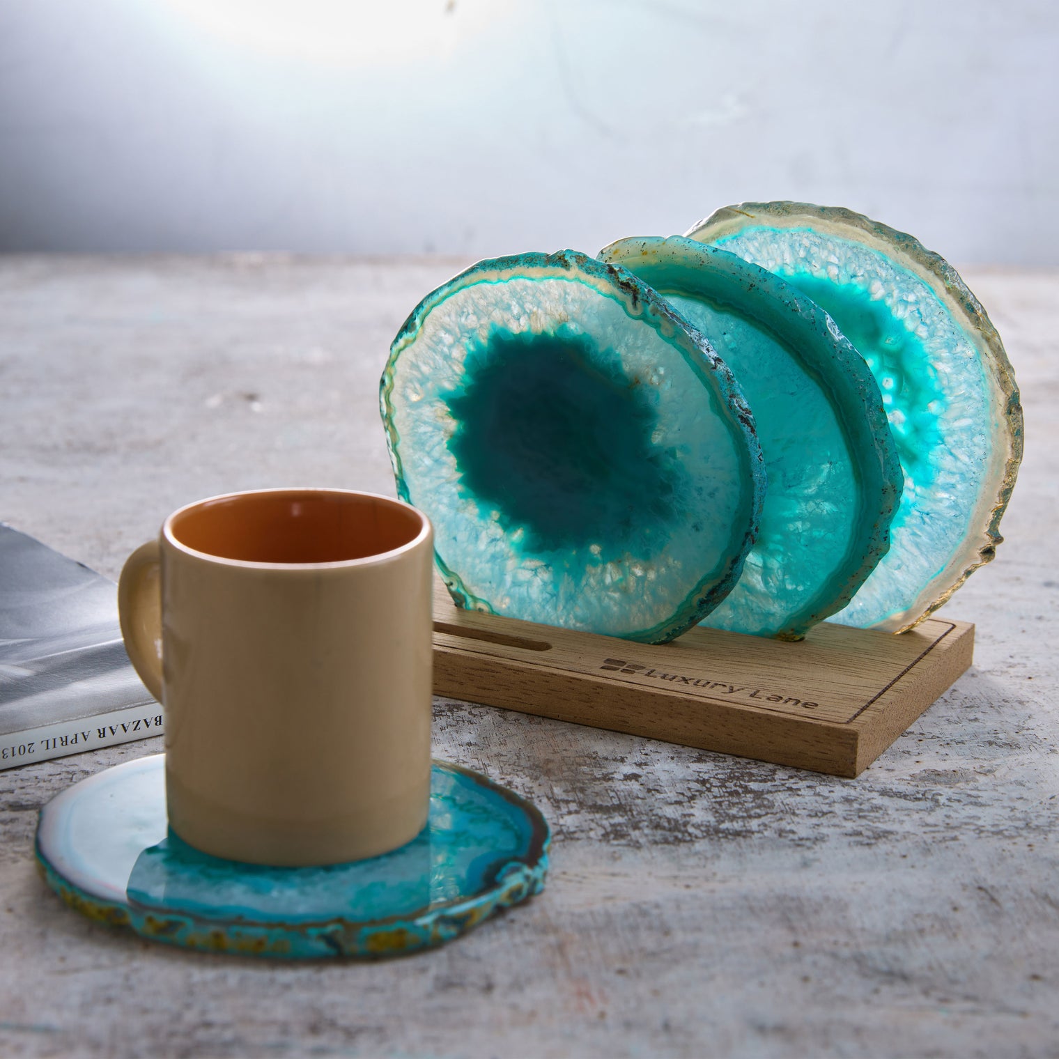 Set of 4 Natural Brazilian Agate Drink Coasters with Wood Holder - Teal