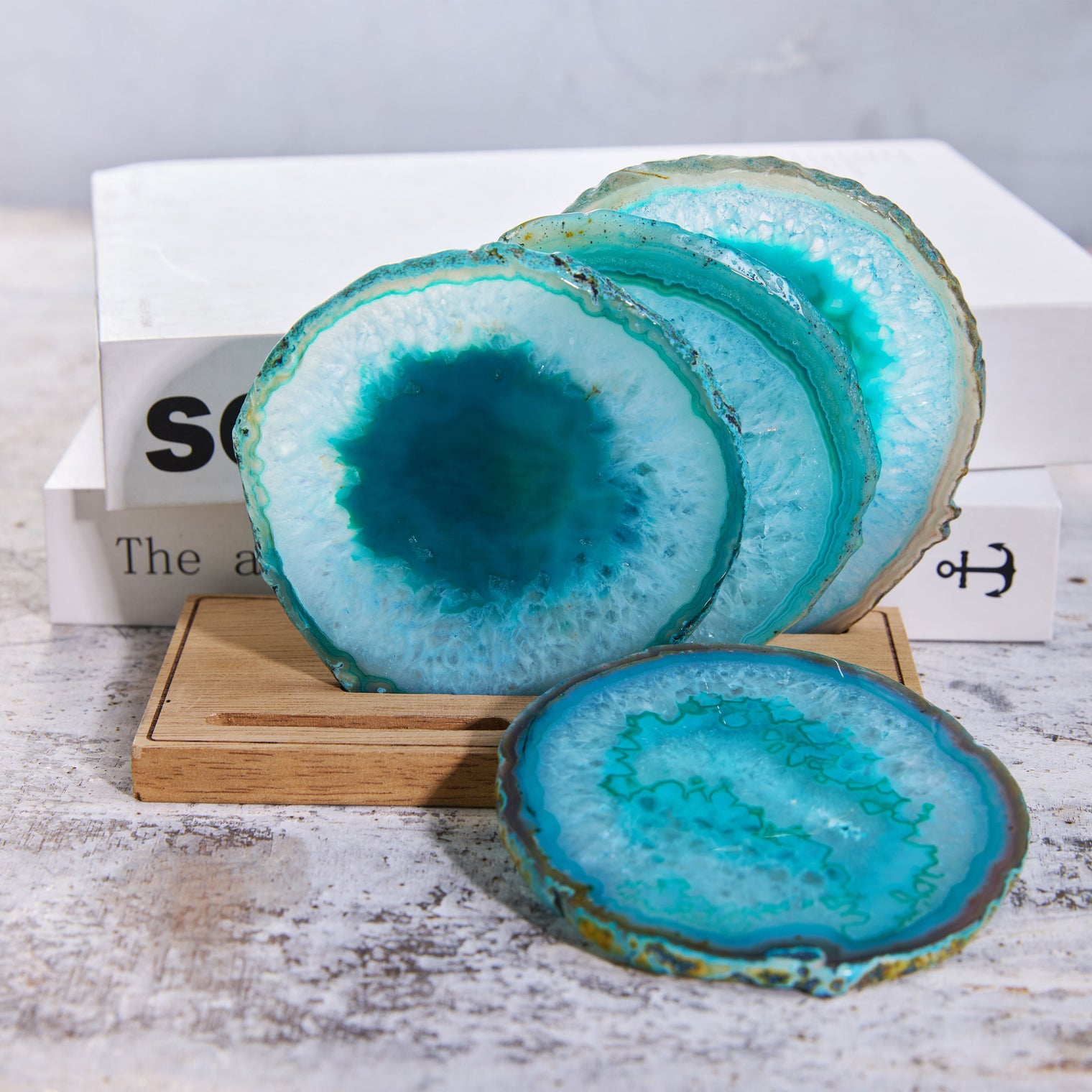 Set of 4 Natural Brazilian Agate Drink Coasters with Wood Holder - Teal