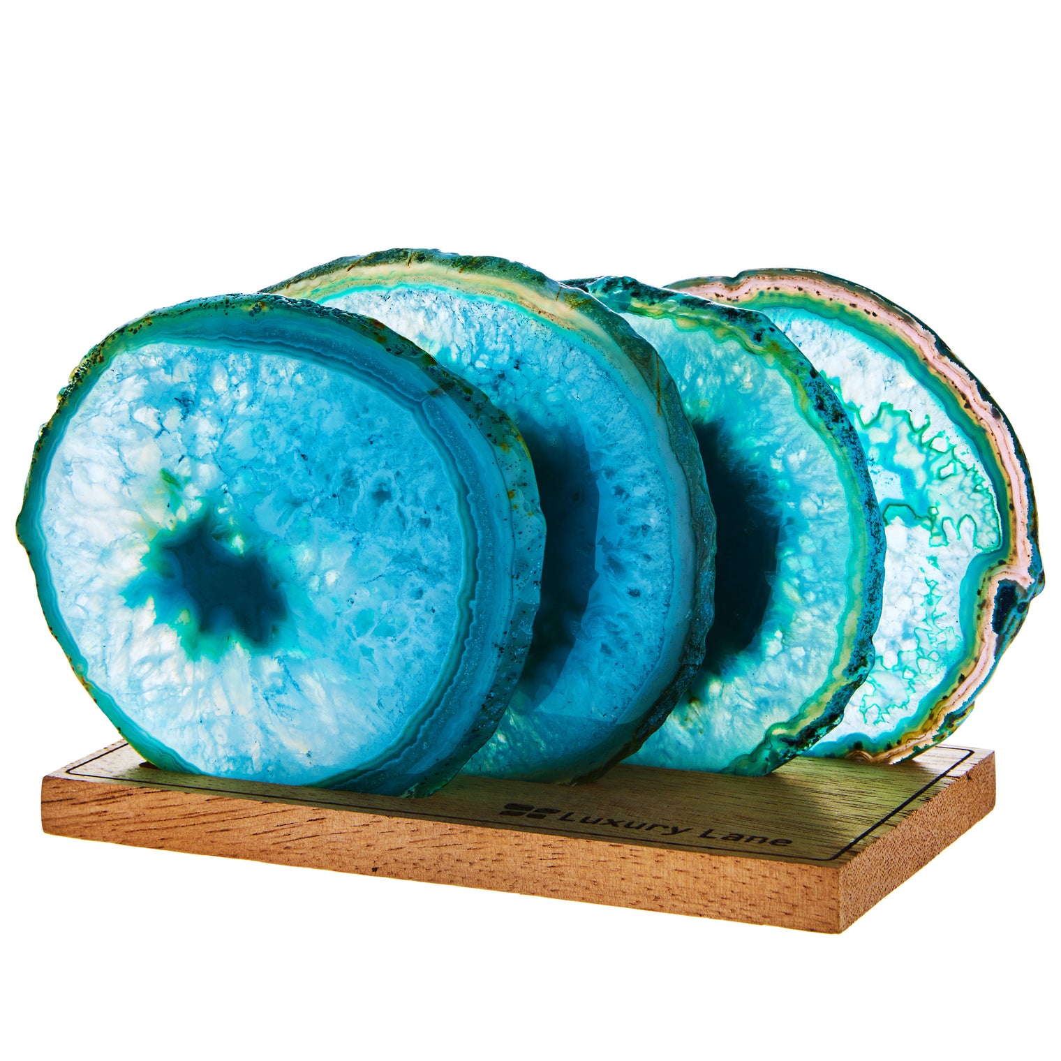 Set of 4 Natural Brazilian Agate Drink Coasters with Wood Holder - Teal