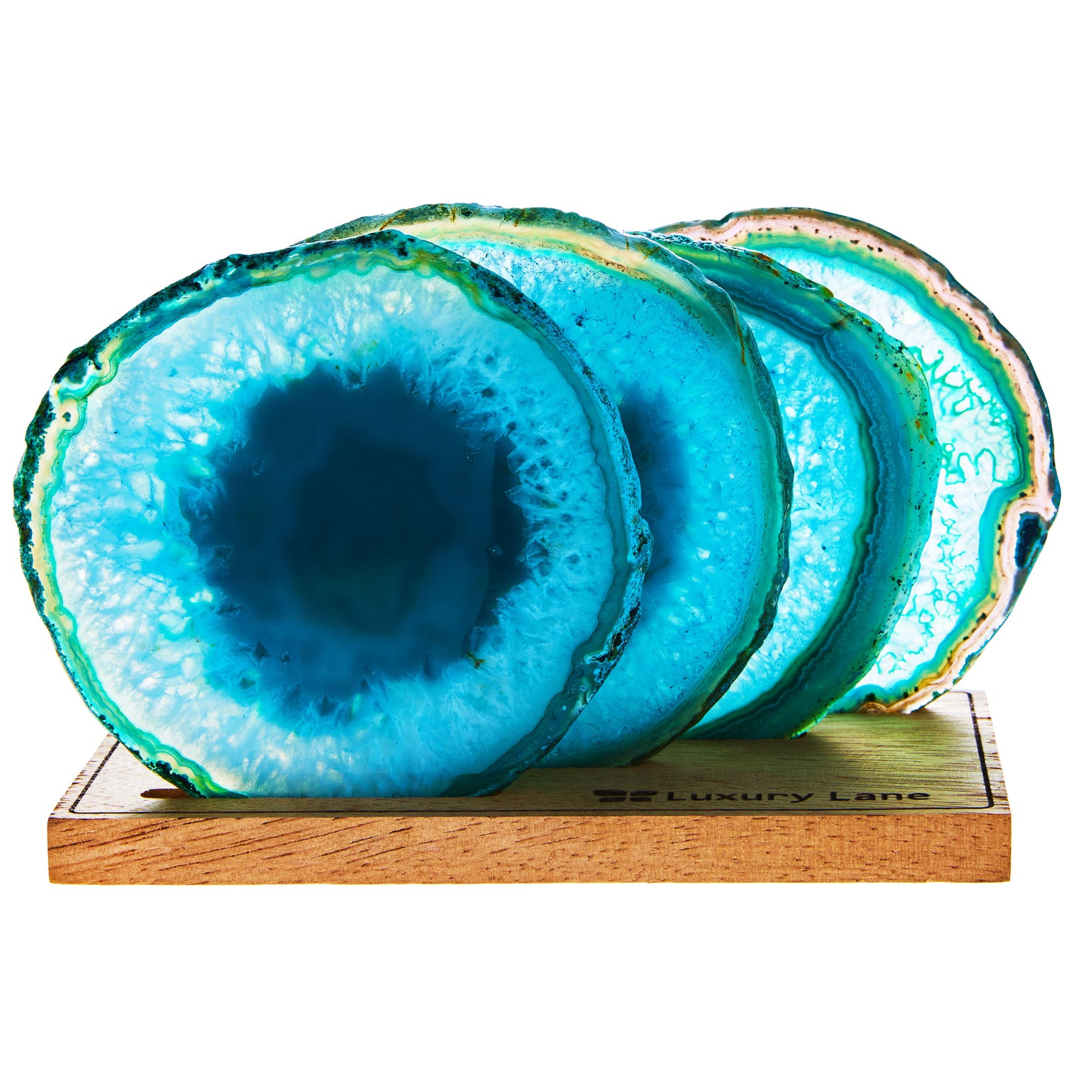 Set of 4 Natural Brazilian Agate Drink Coasters with Wood Holder - Teal
