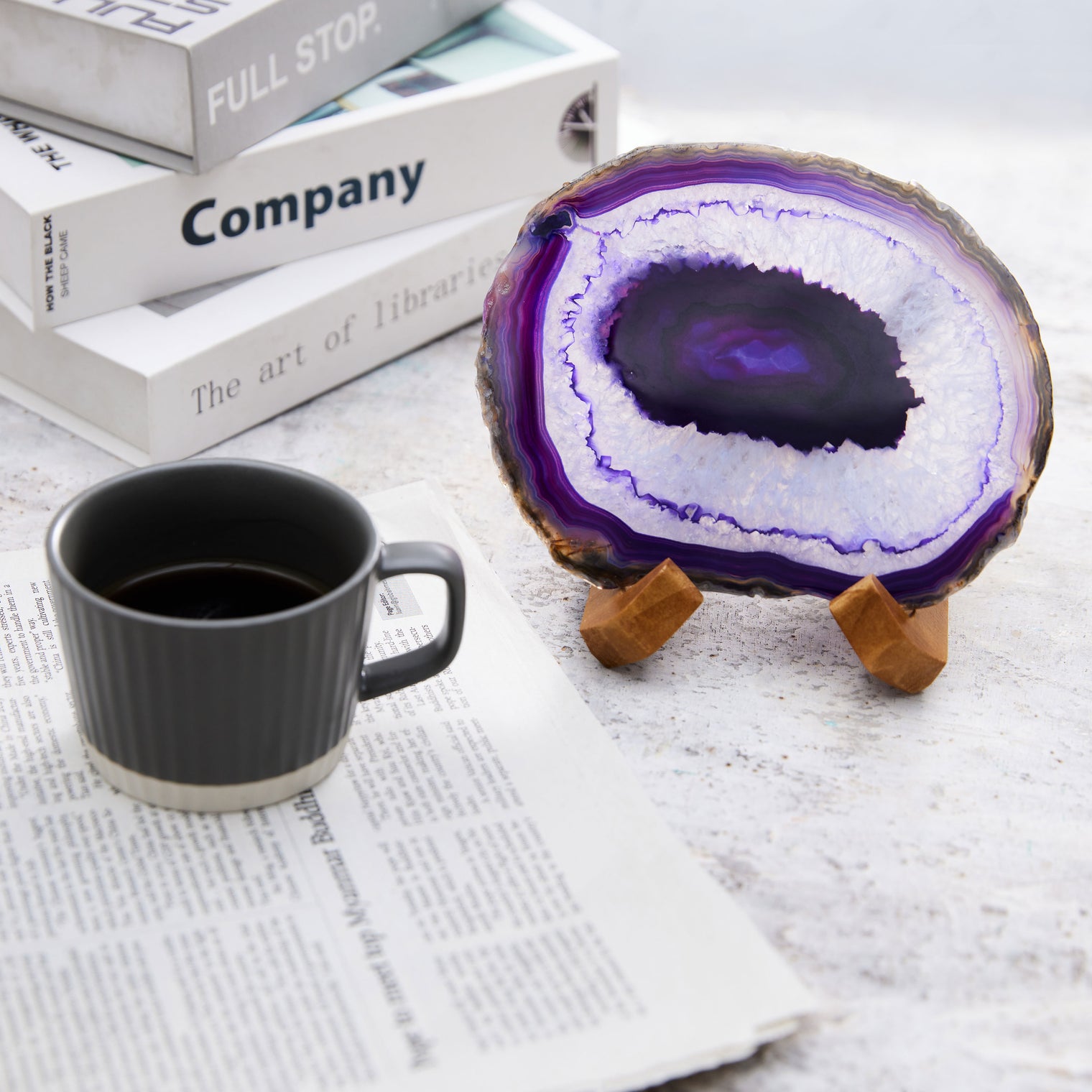 Large Natural Brazilian Agate Drink Coaster with Wood Holder - Amethyst