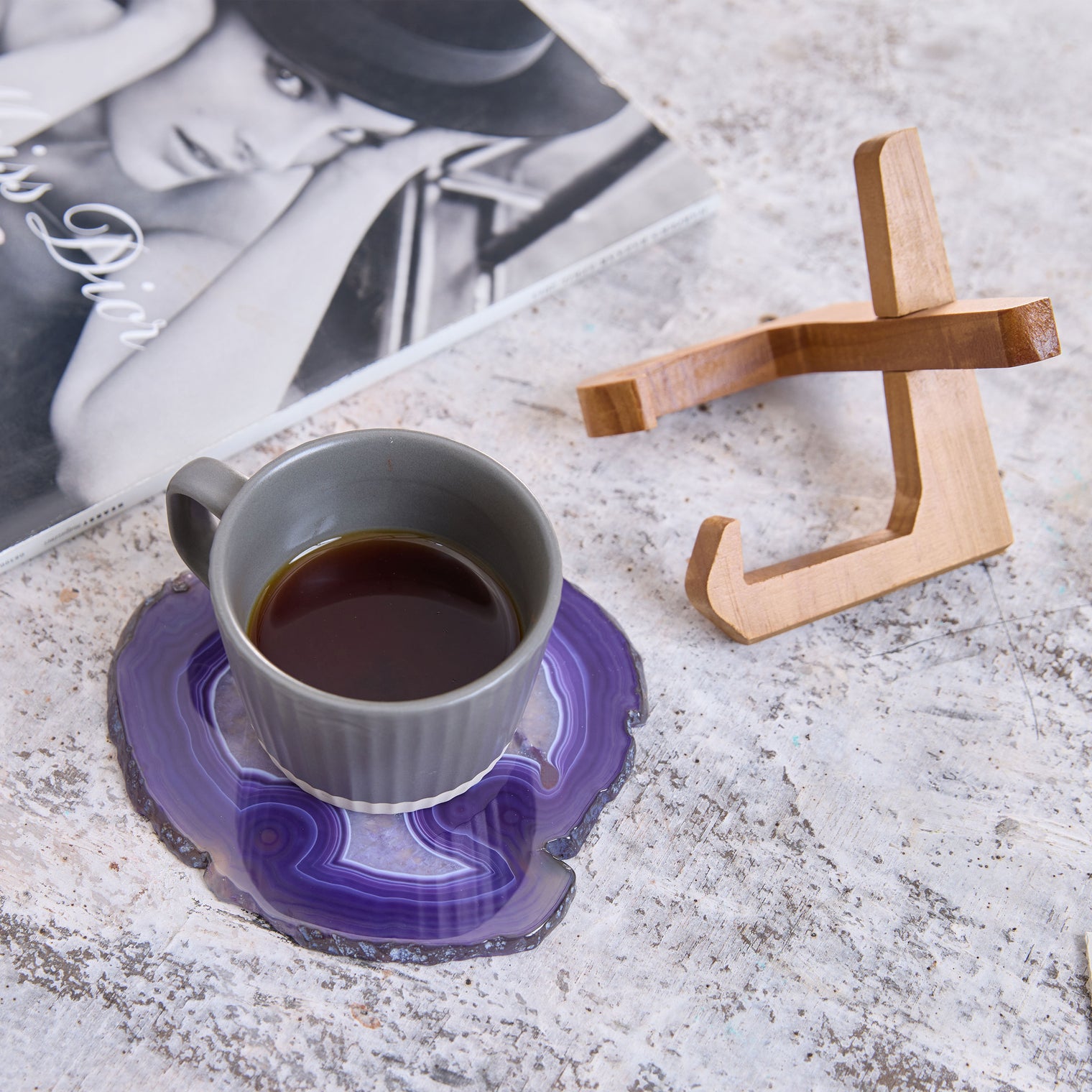 Large Natural Brazilian Agate Drink Coaster with Wood Holder - Amethyst