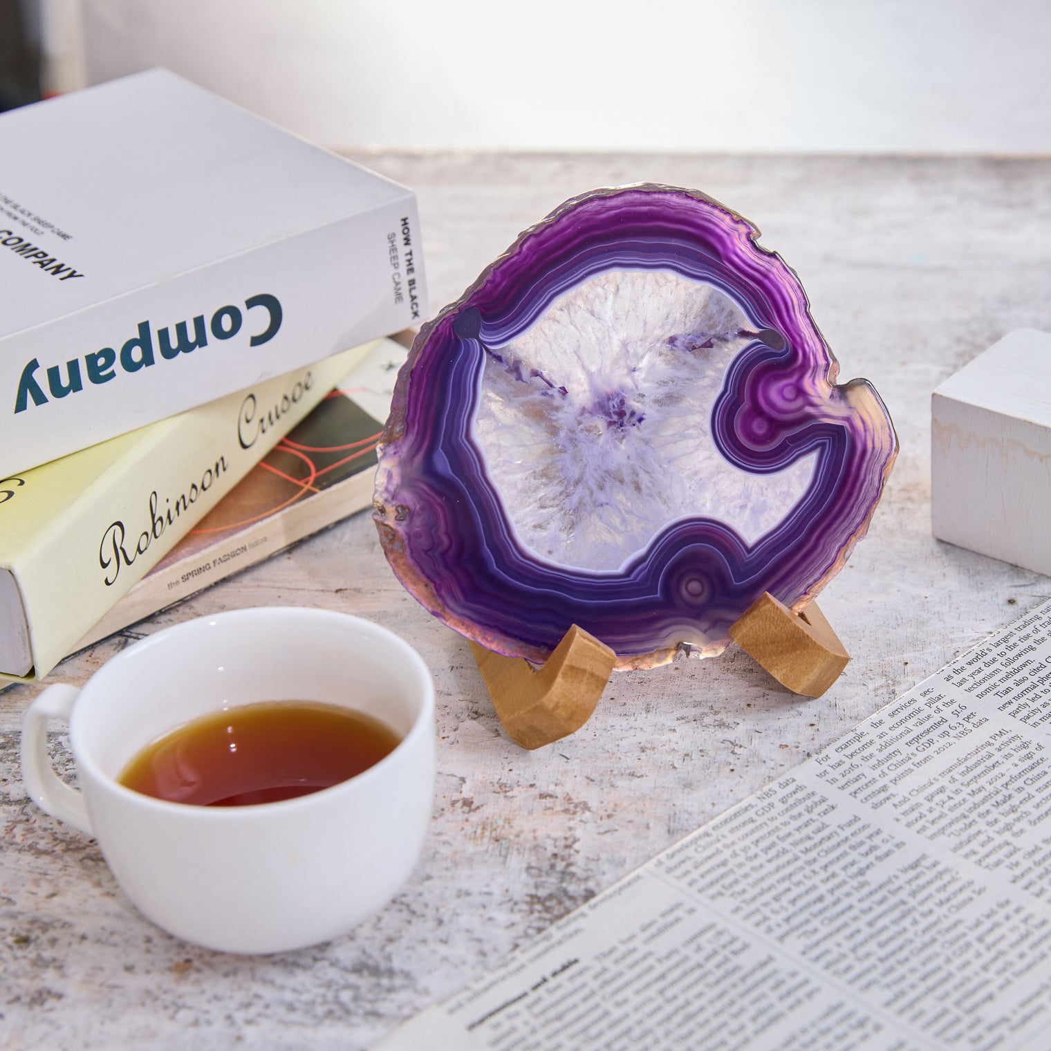 Large Natural Brazilian Agate Drink Coaster with Wood Holder - Amethyst