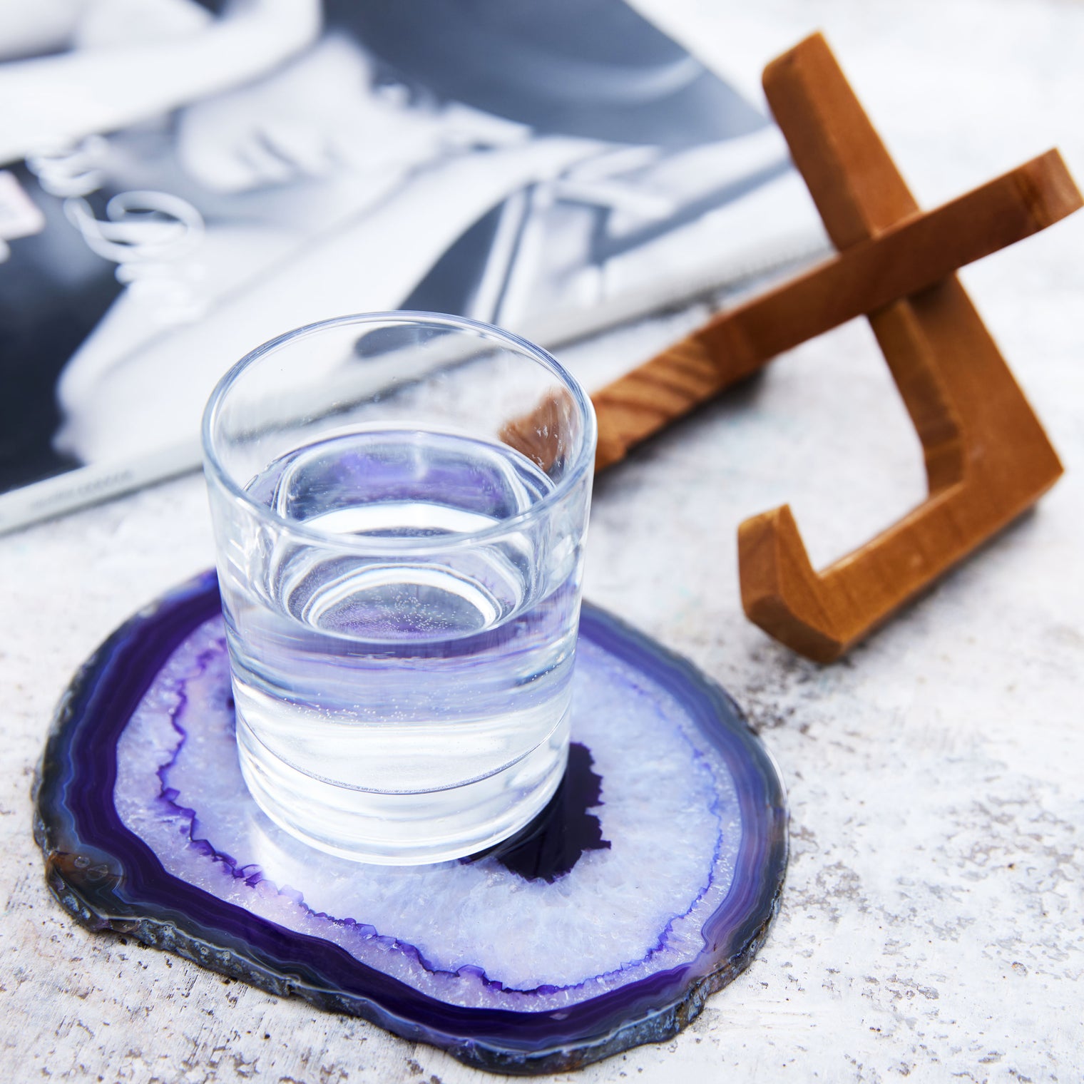 Large Natural Brazilian Agate Drink Coaster with Wood Holder - Amethyst