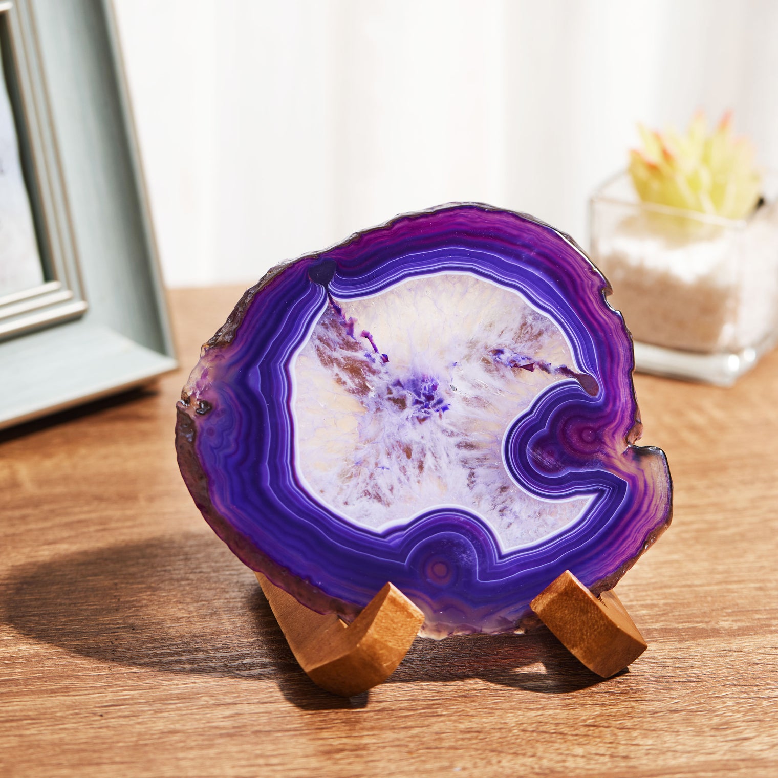 Large Natural Brazilian Agate Drink Coaster with Wood Holder - Amethyst