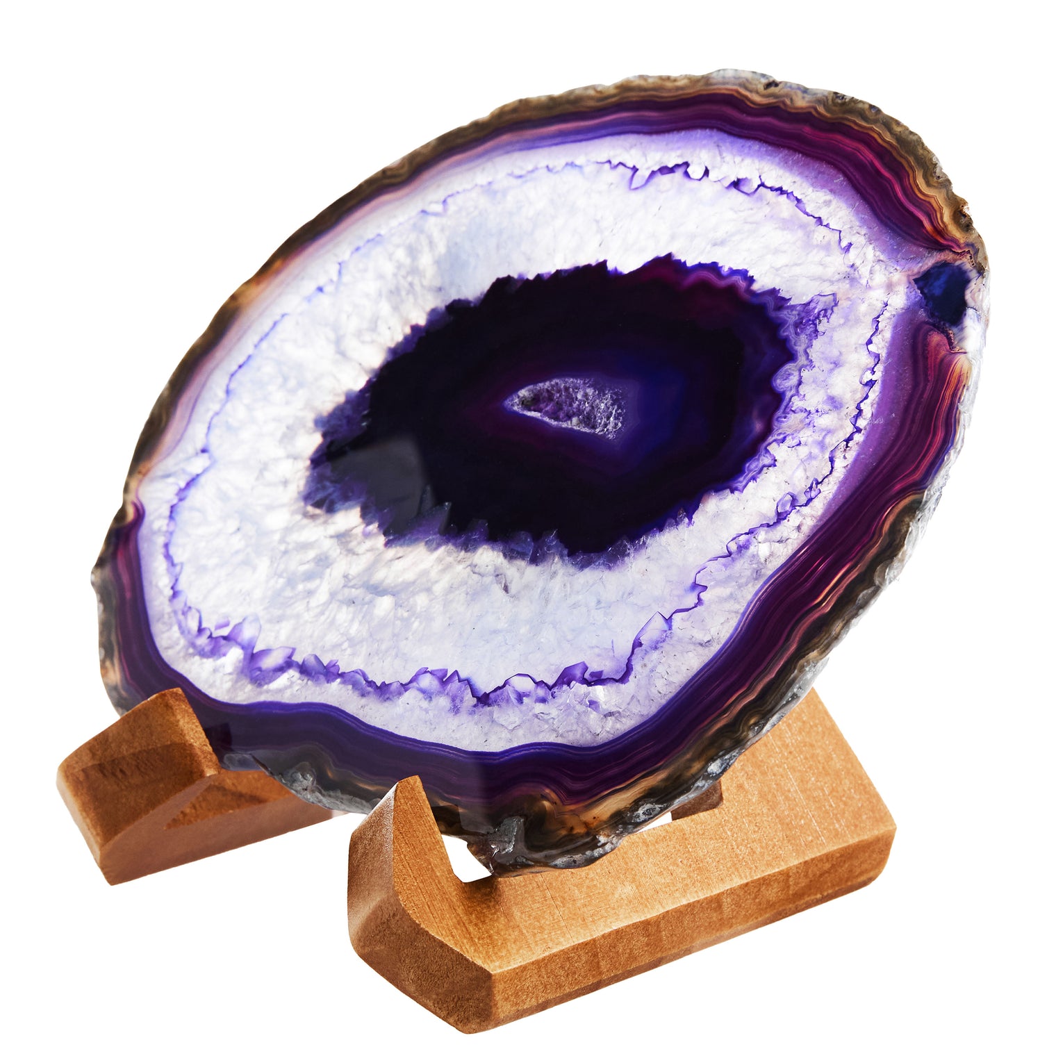 Large Natural Brazilian Agate Drink Coaster with Wood Holder - Amethyst