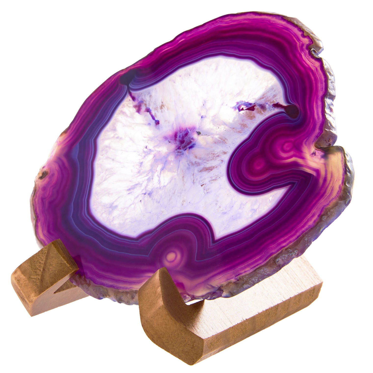 Large Natural Brazilian Agate Drink Coaster with Wood Holder - Amethyst