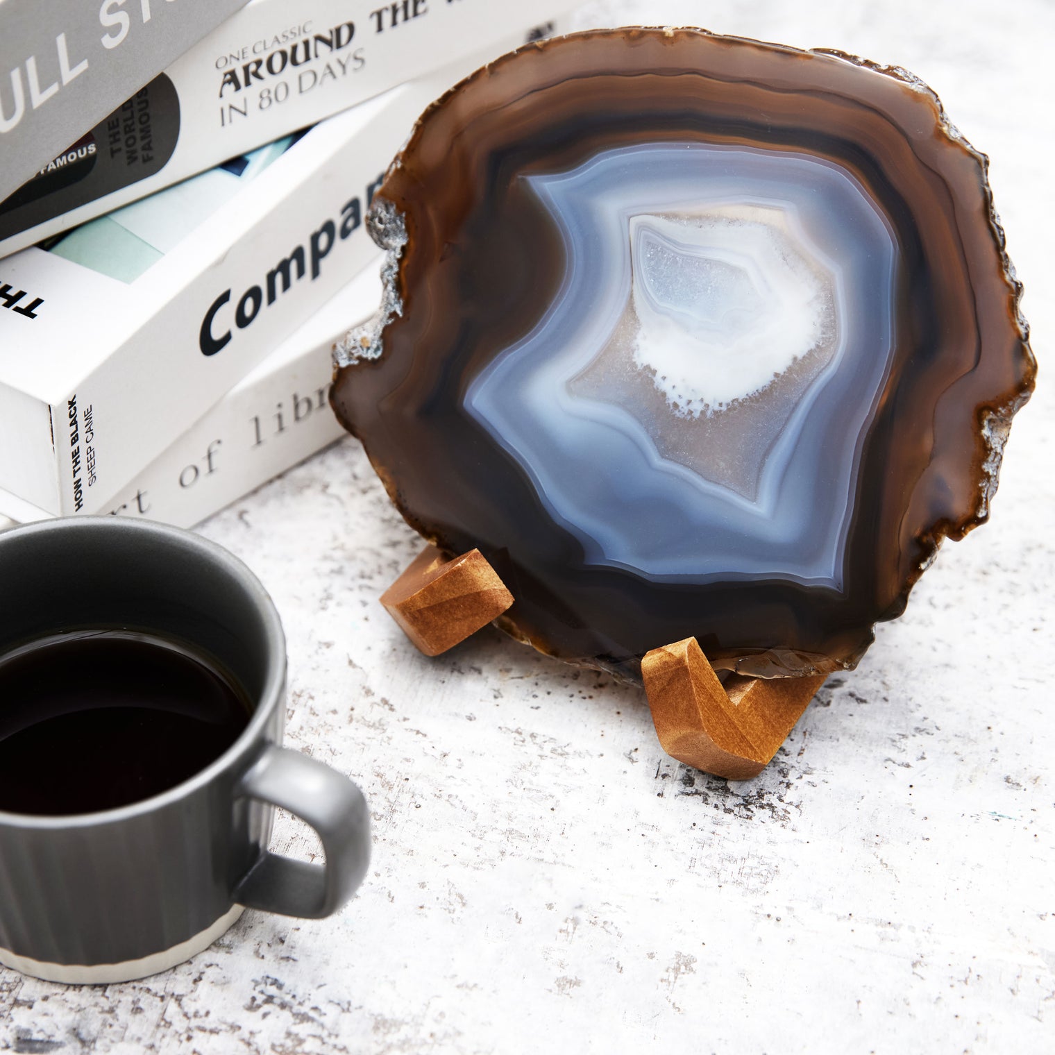 Large Natural Brazilian Agate Drink Coaster with Wood Holder - Ash Gray