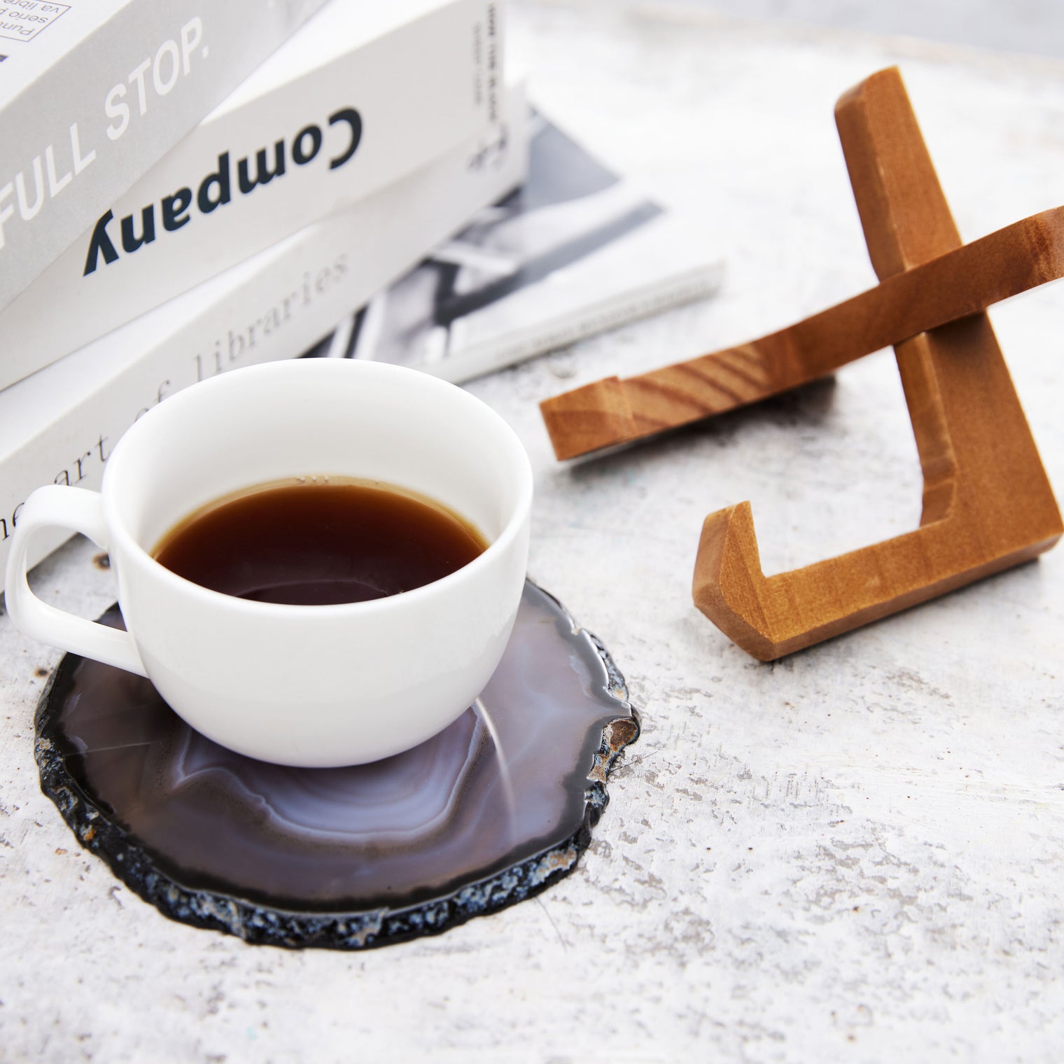 Large Natural Brazilian Agate Drink Coaster with Wood Holder - Ash Gray