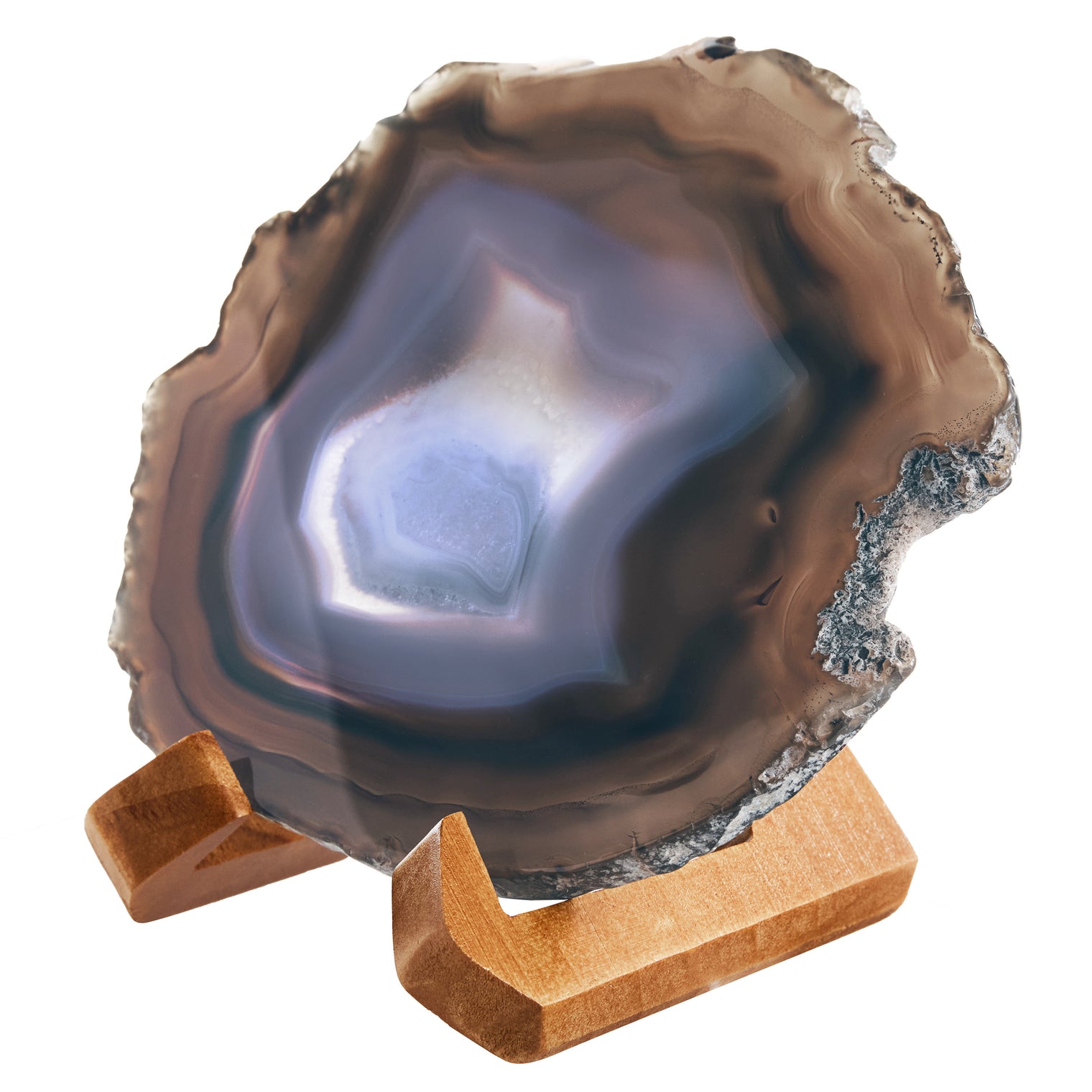 Large Natural Brazilian Agate Drink Coaster with Wood Holder - Ash Gray