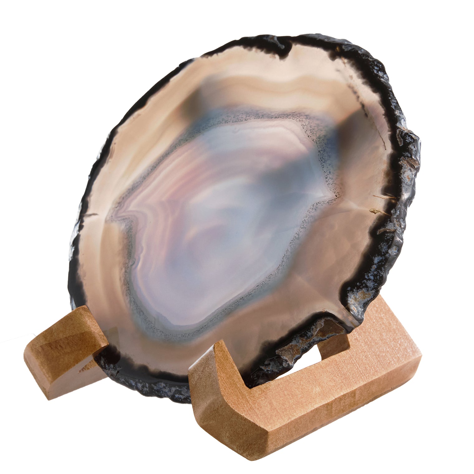 Large Natural Brazilian Agate Drink Coaster with Wood Holder - Ash Gray