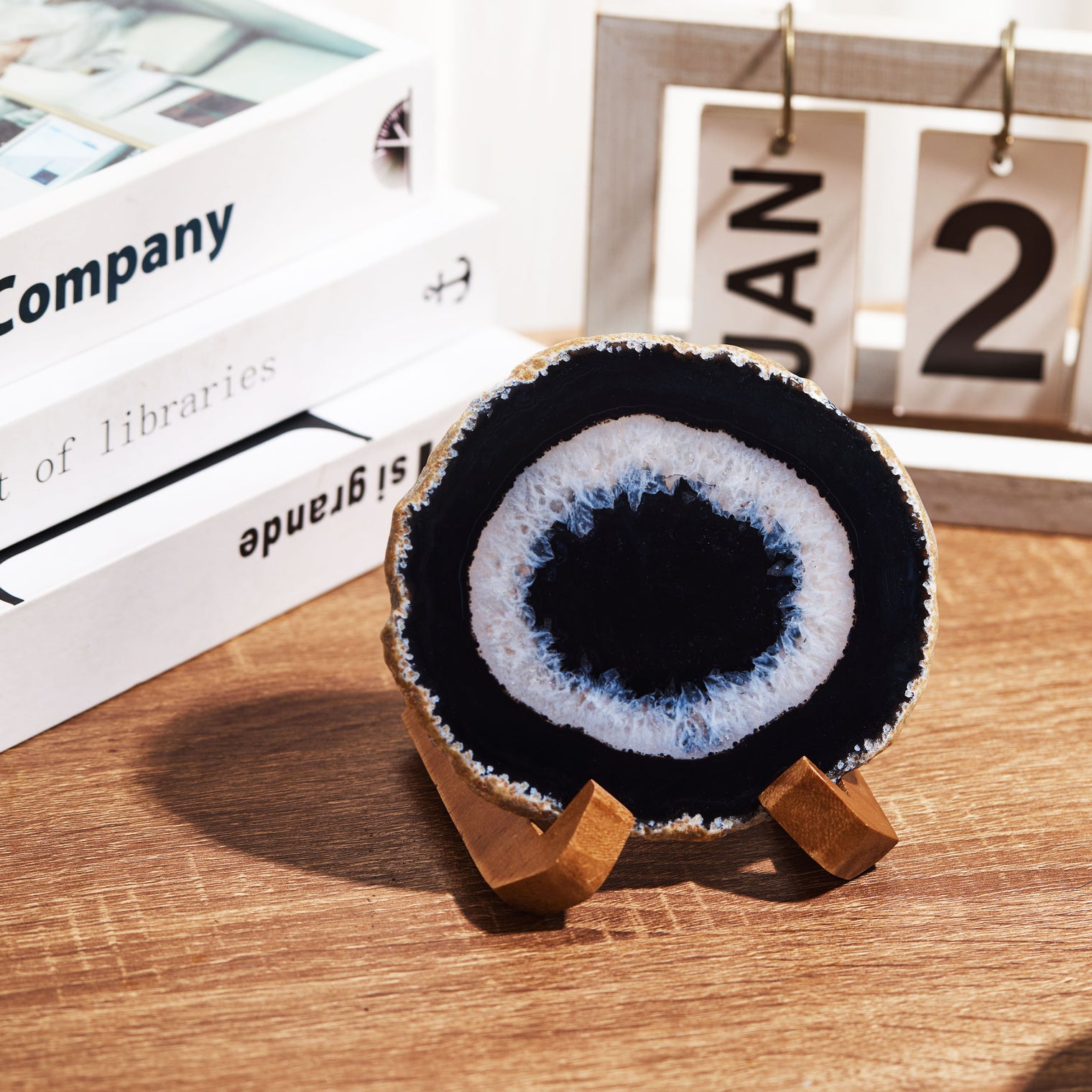 Large Natural Brazilian Agate Drink Coaster with Wood Holder - Black Space