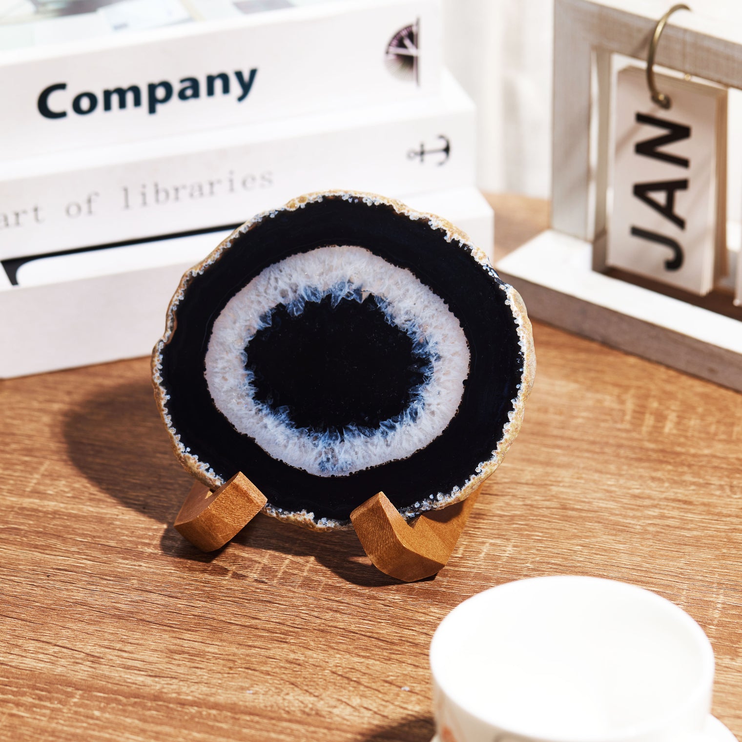 Large Natural Brazilian Agate Drink Coaster with Wood Holder - Black Space