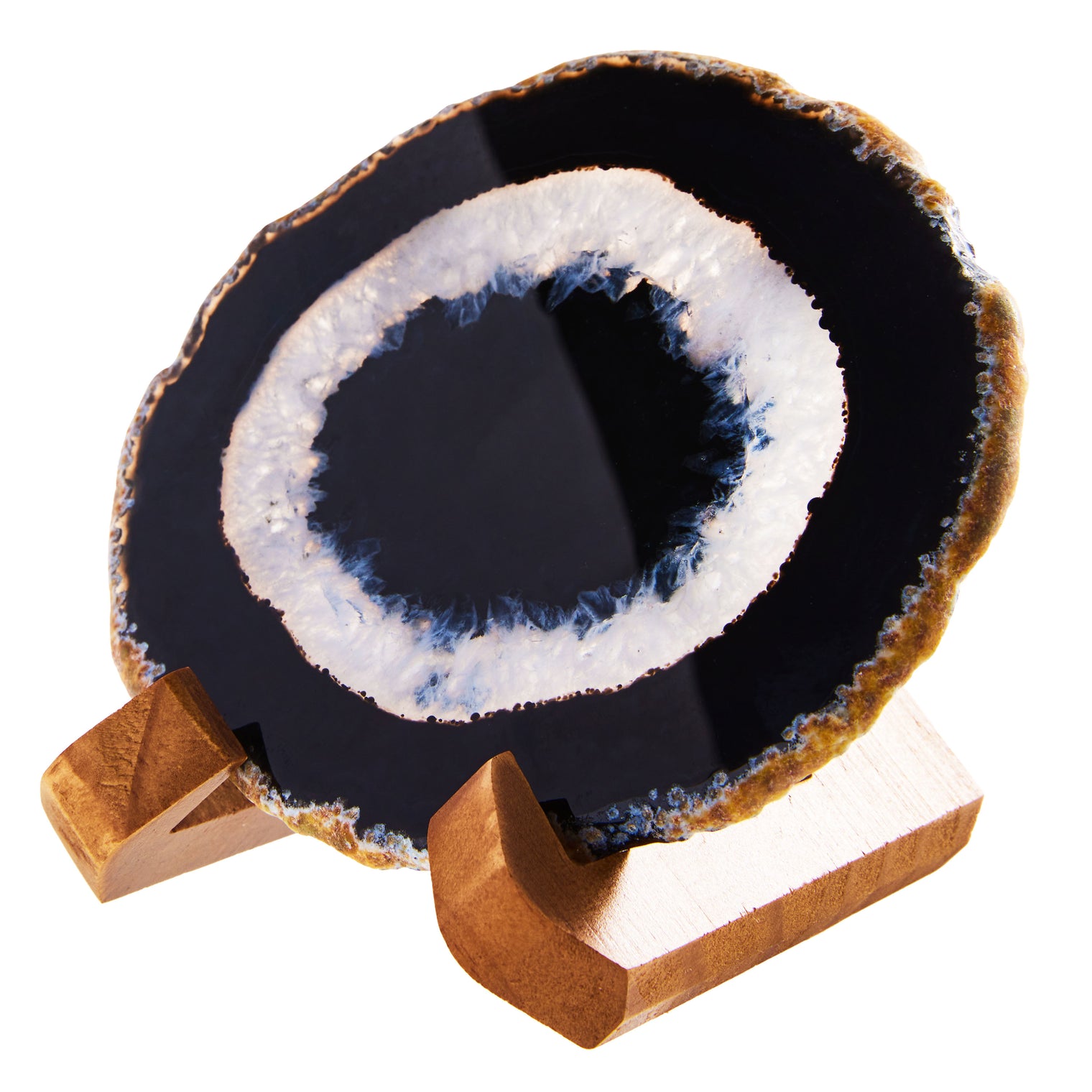 Large Natural Brazilian Agate Drink Coaster with Wood Holder - Black Space