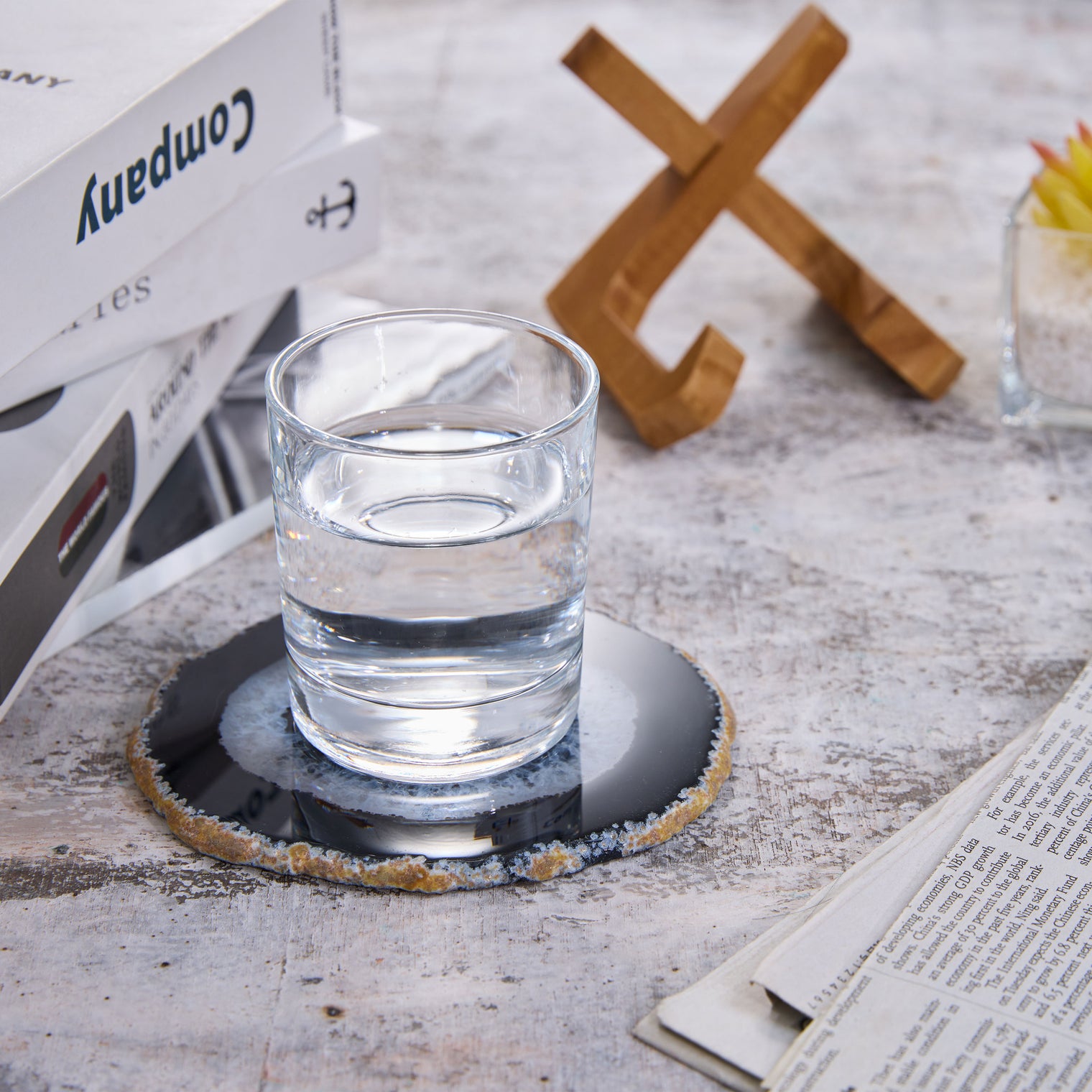 Large Natural Brazilian Agate Drink Coaster with Wood Holder - Black Space