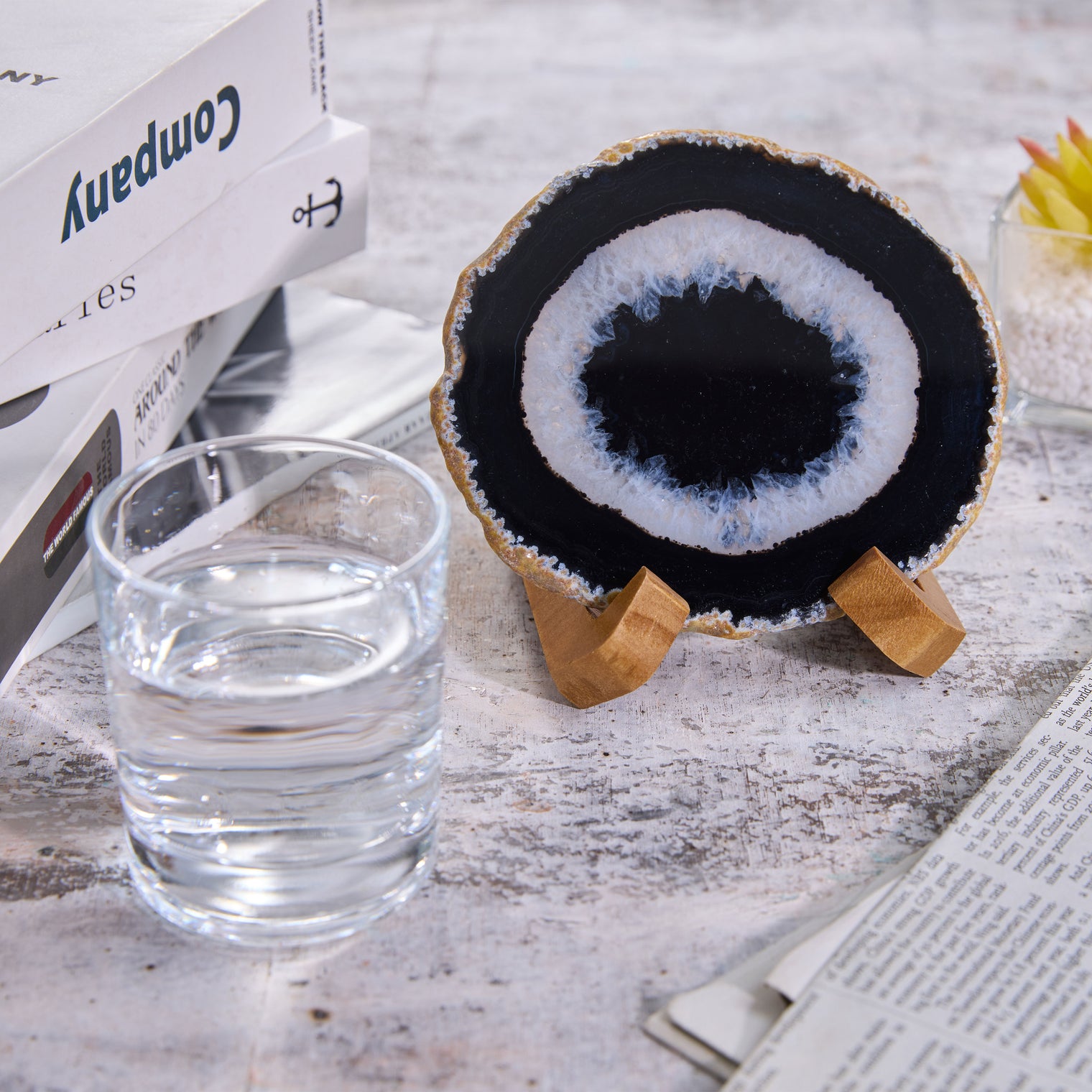 Large Natural Brazilian Agate Drink Coaster with Wood Holder - Black Space