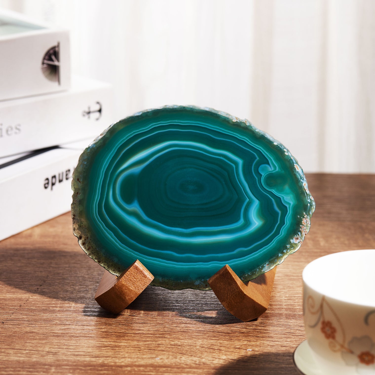 Large Natural Brazilian Agate Drink Coaster with Wood Holder - Emerald